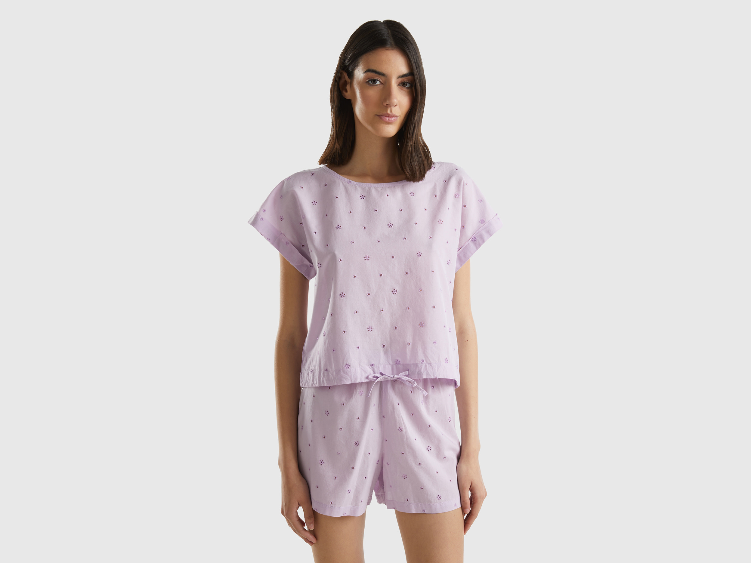 Benetton, Top Con Ricami Sangallo, Lilla, Donna