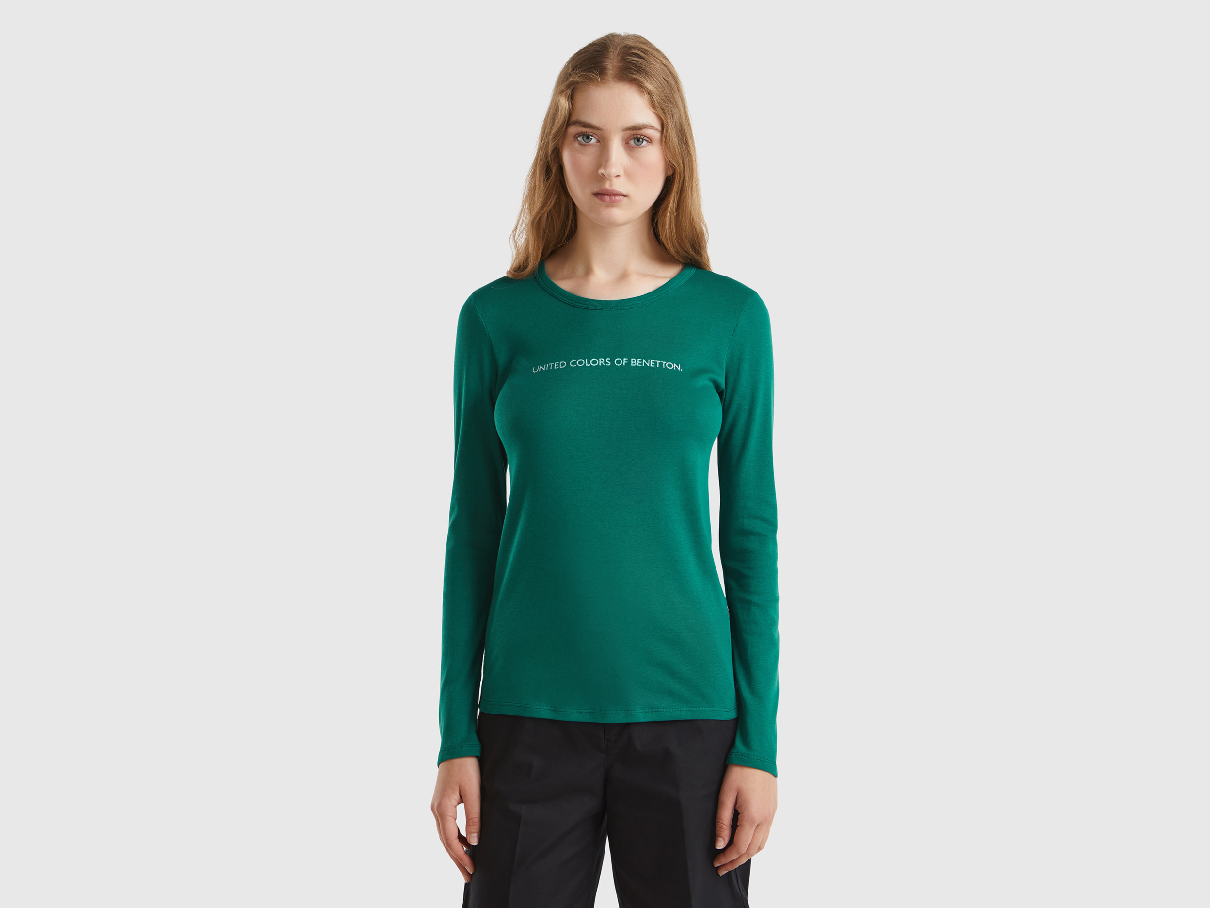 Benetton, T-shirt Verde Bosco A Manica Lunga 100% Cotone, Verde Scuro, Donna
