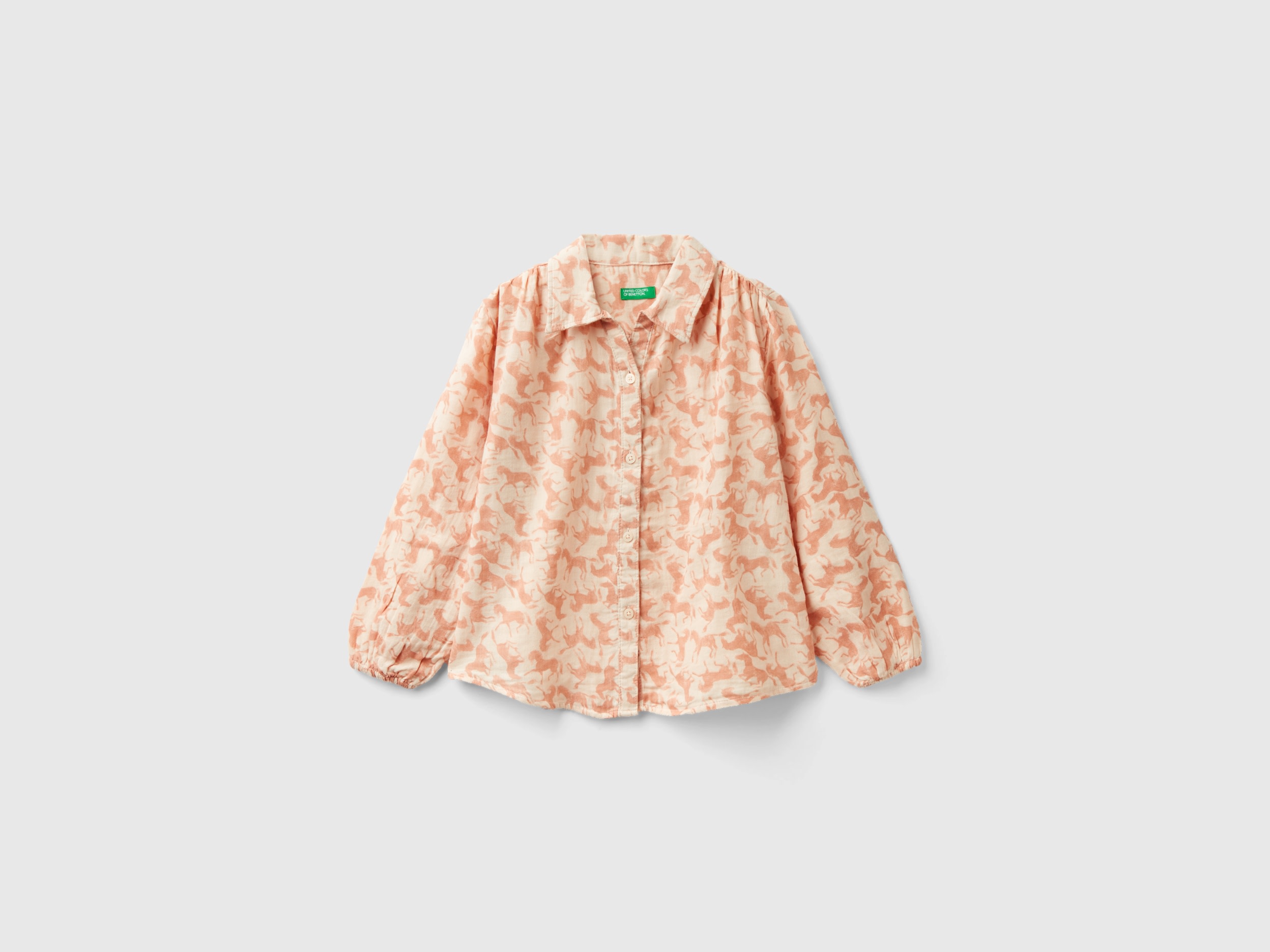 Benetton, Camicia Con Stampa Cavalli, Rosa Tenue, Bambini