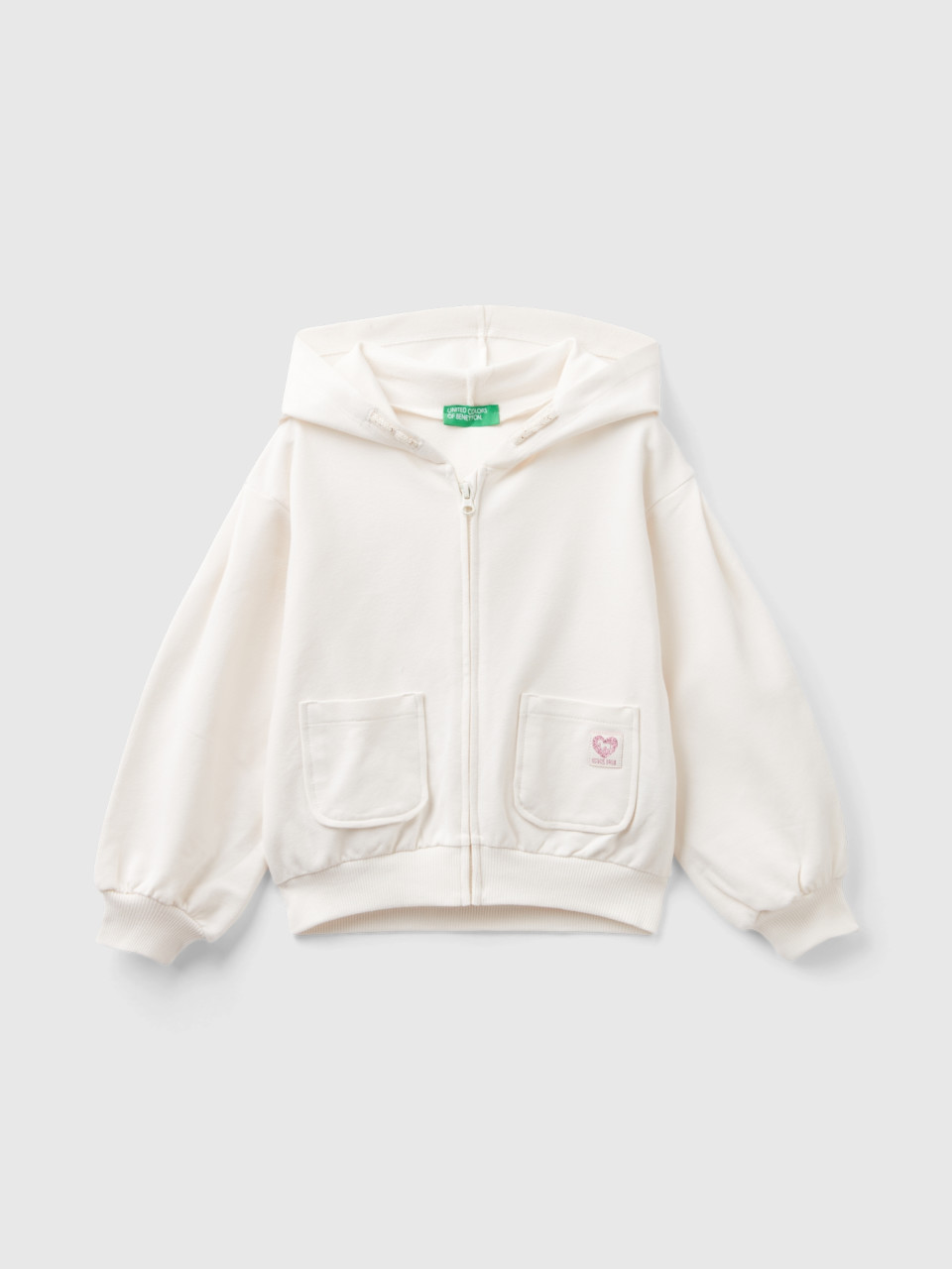 Benetton, Zip-up Sweatshirt In Stretch Organic Cotton, Creamy White, Kids