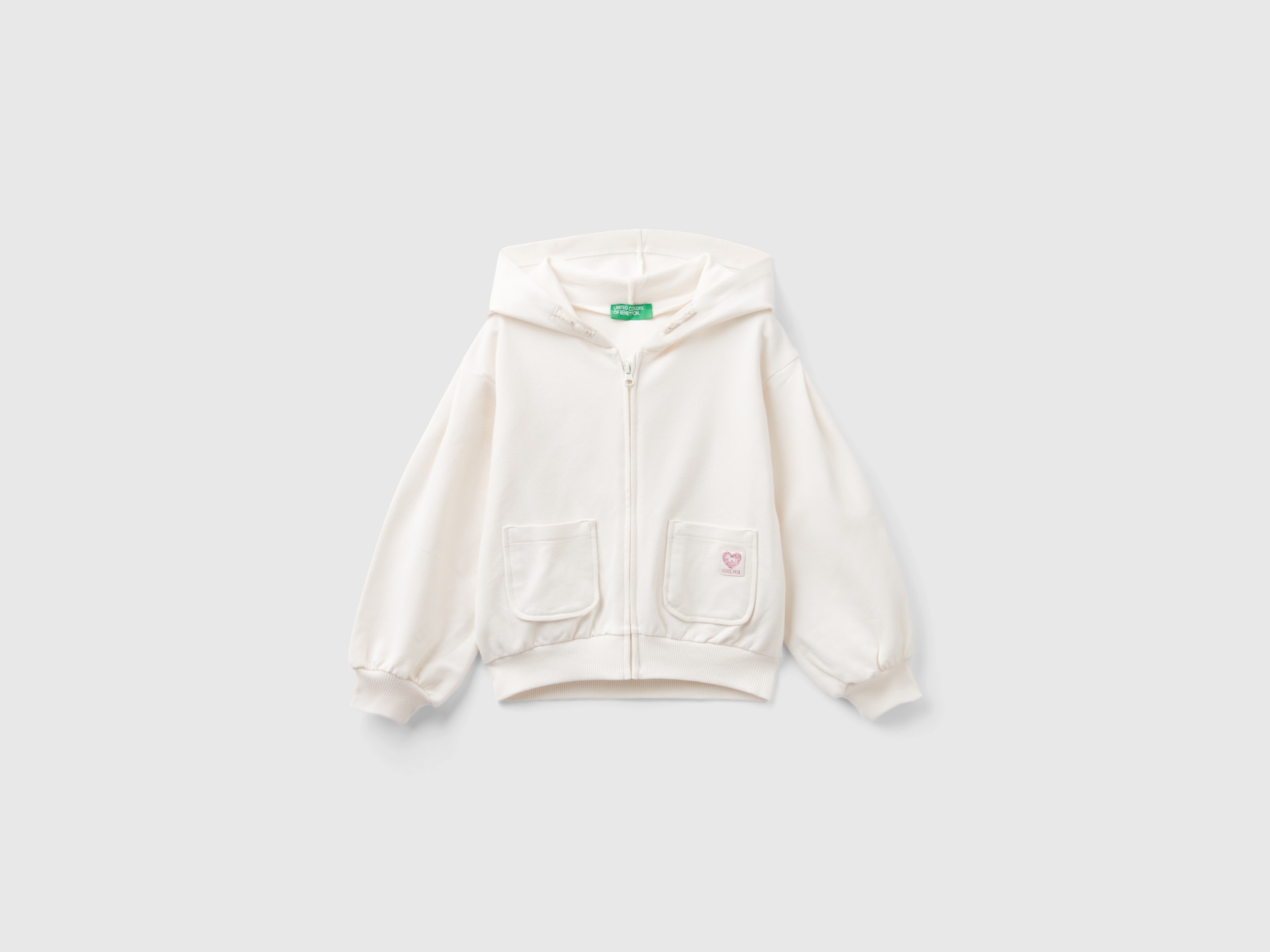 Image of Benetton, Zip-up Sweatshirt In Stretch Organic Cotton, size 104, Creamy White, Kids
