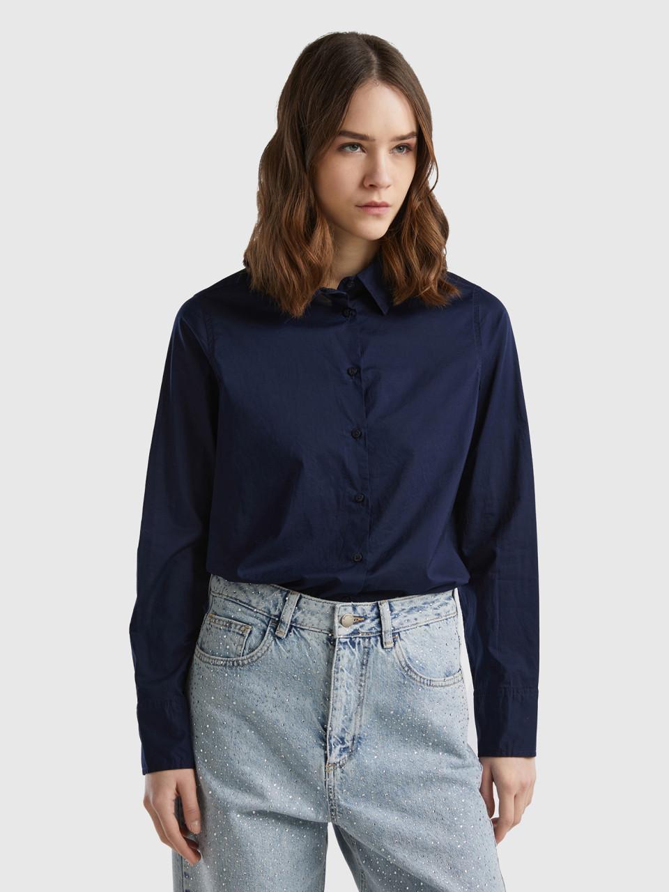 Benetton, Regular Fit Shirt In Light Cotton, Dark Blue, Women