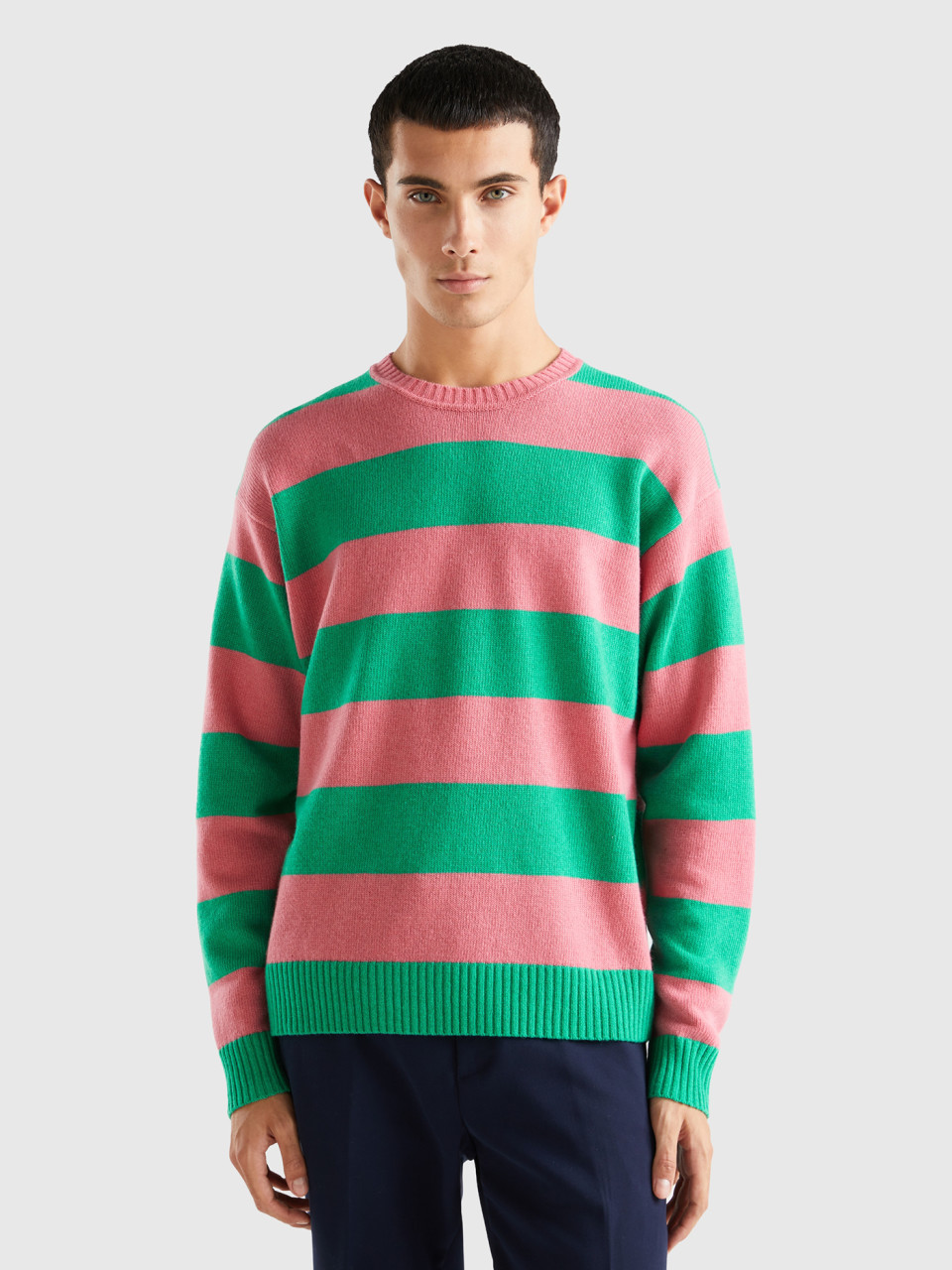 Benetton, Sweater With Two-tone Stripes, Pink, Men