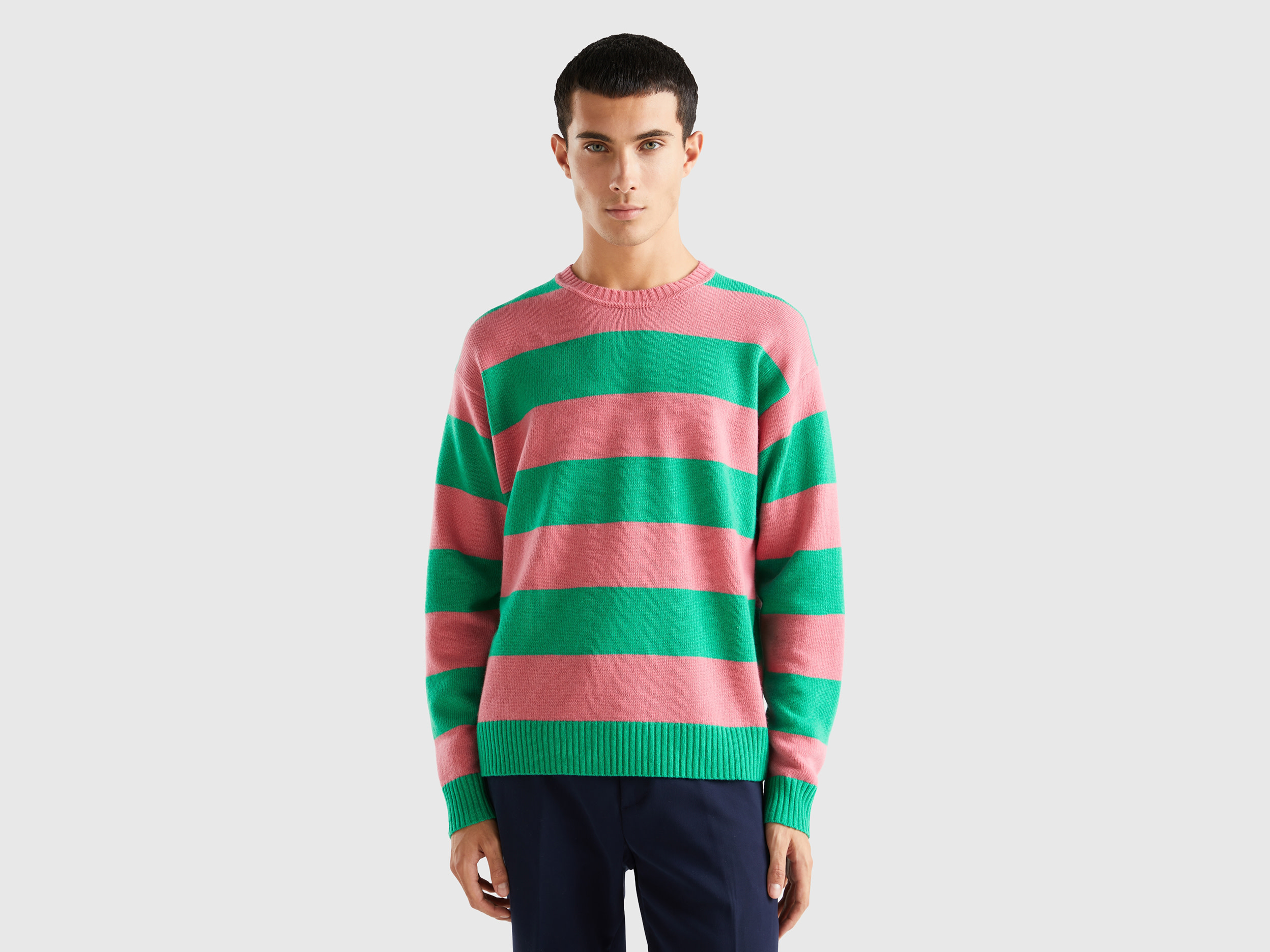 Benetton, Sweater With Two-tone Stripes, size XL, Pink, Men