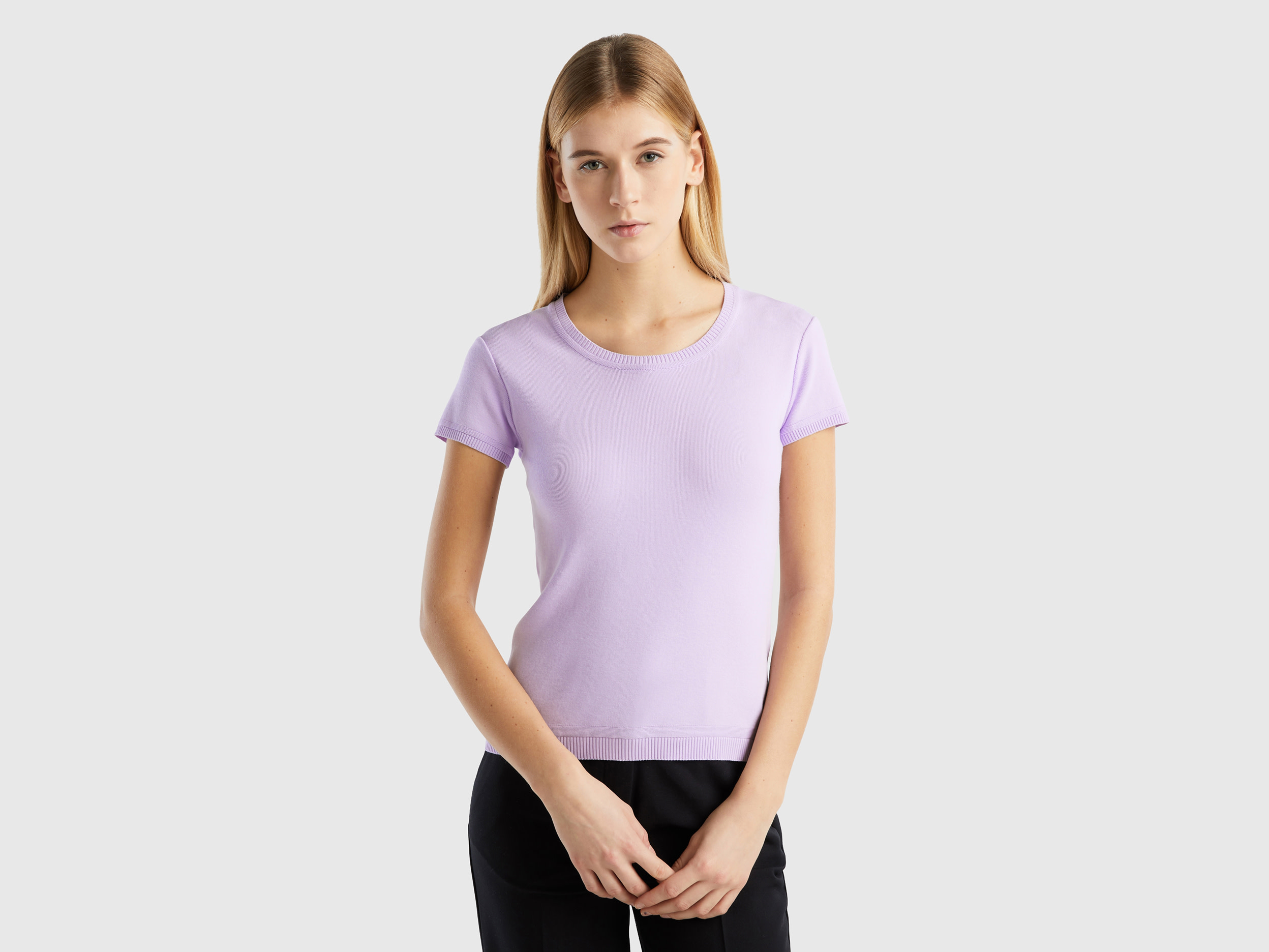 Benetton, Short Sleeve Sweater In 100% Cotton, size S, Lilac, Women