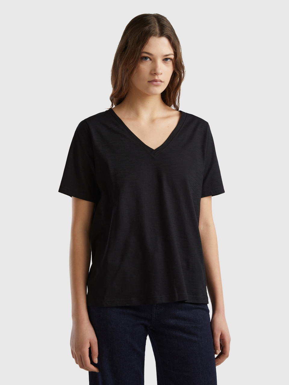 Benetton, V-neck T-shirt In Slub Cotton, Black, Women