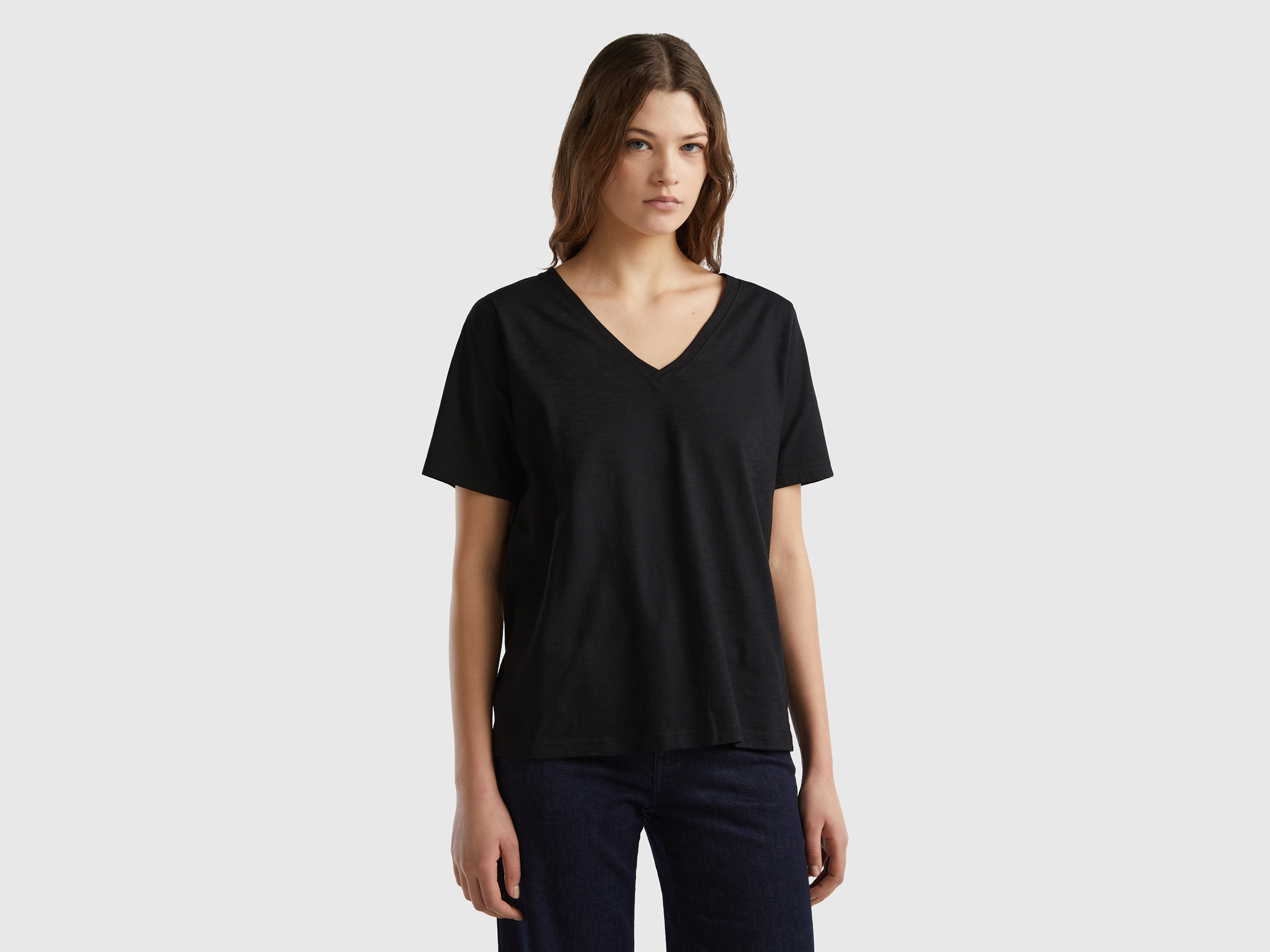 Benetton, V-neck T-shirt In Slub Cotton, size L, Black, Women