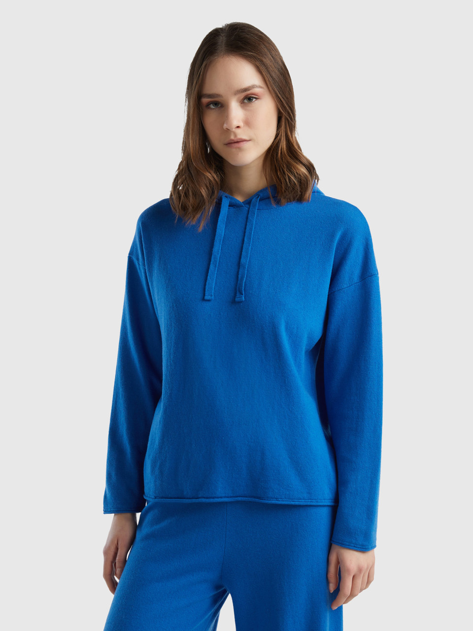 Benetton, Blue Cashmere Blend Sweater With Hood, Blue, Women