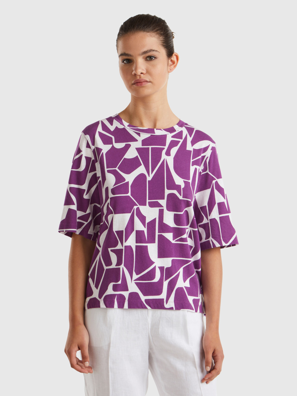 Benetton, Camiseta Con Estampado Geométrico, Morado, Mujer