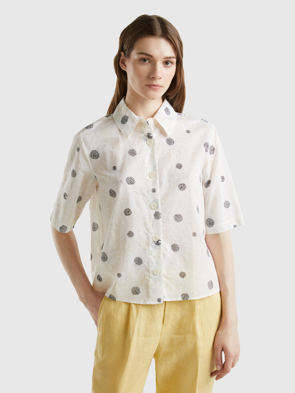 Benetton, Short Sleeve Patterned Shirt, Beige, Women