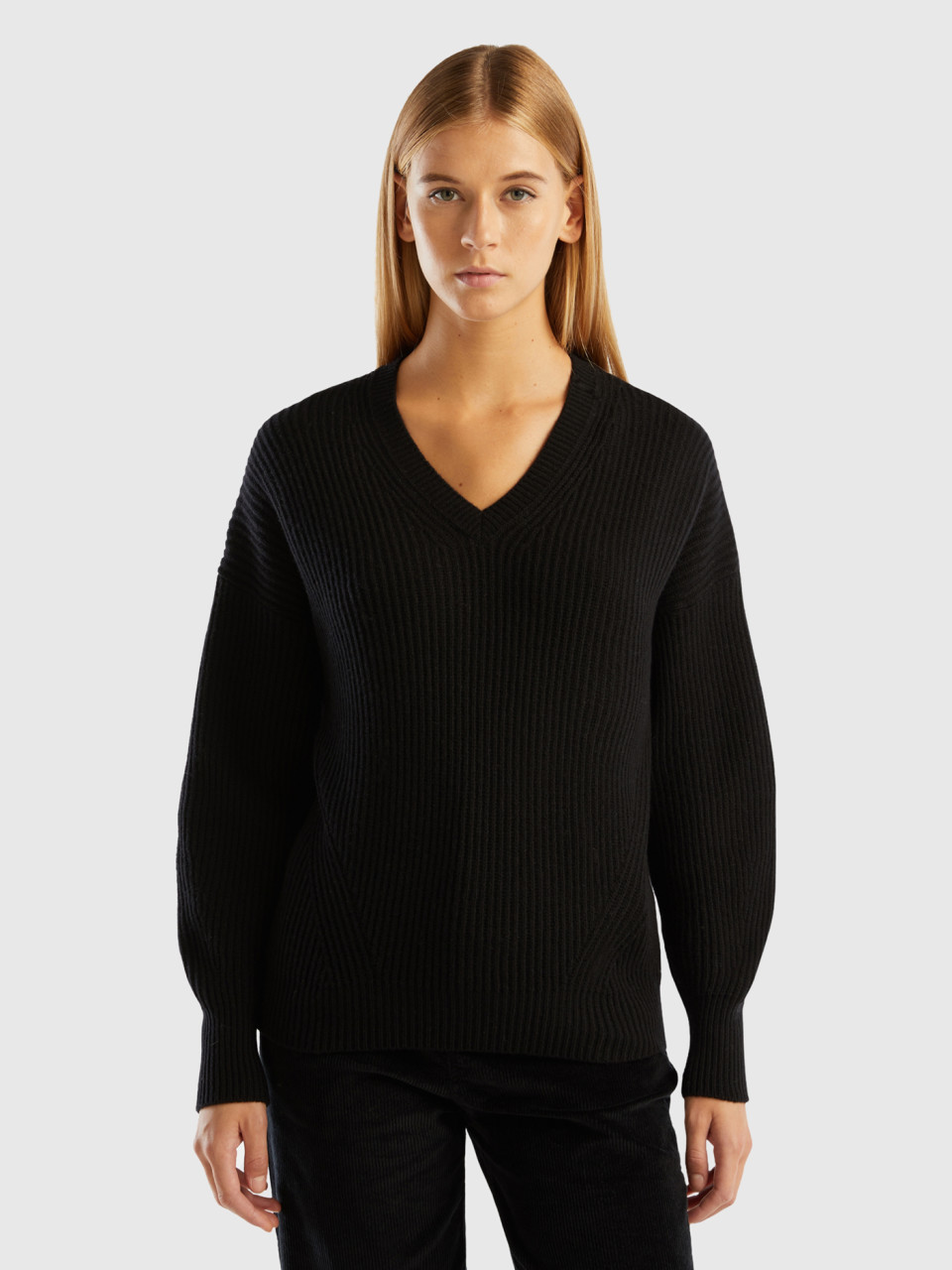 Benetton, Soft Sweater With V-neck, Black, Women