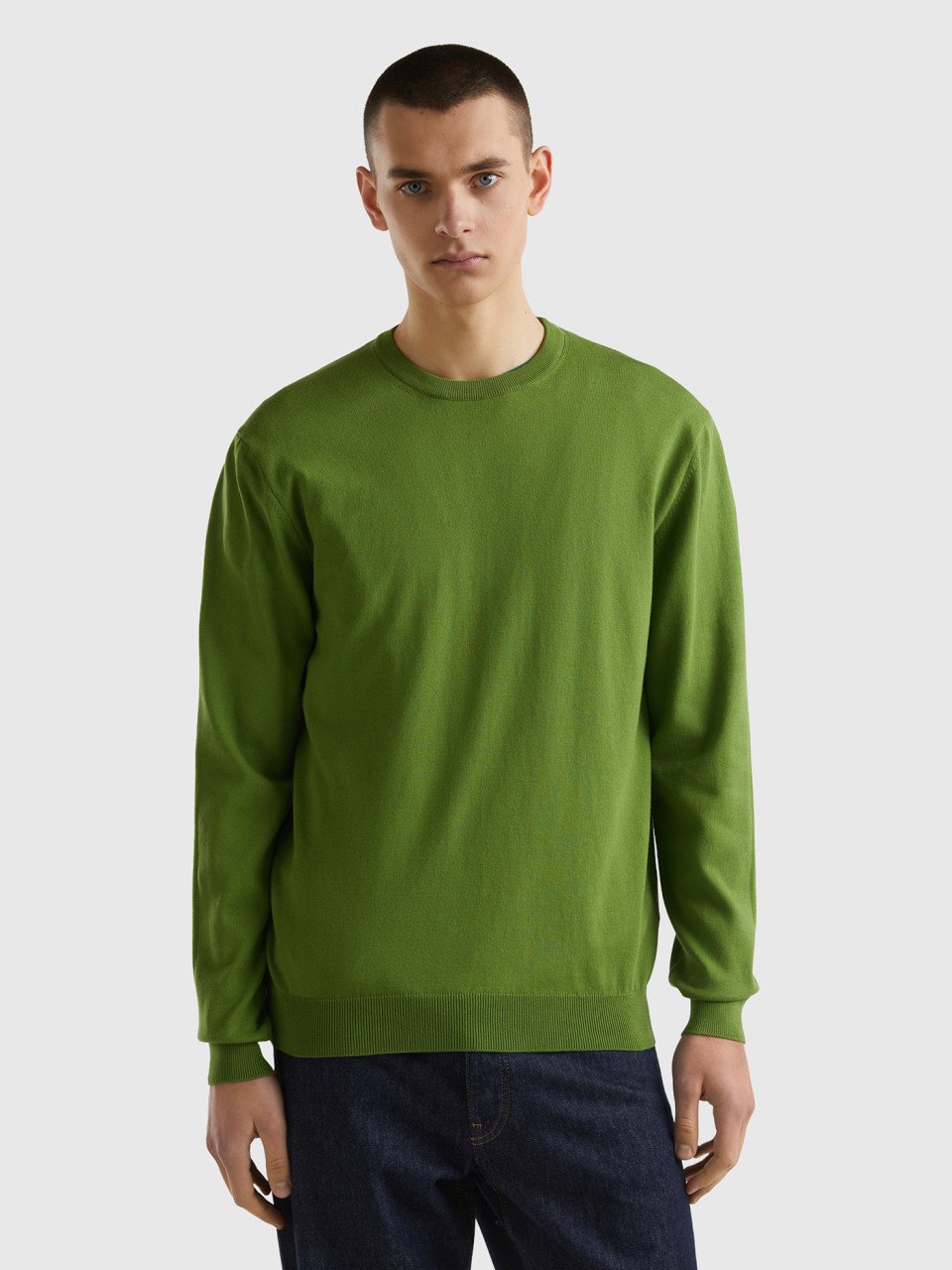 Benetton, Crew Neck Sweater In 100% Cotton, Military Green, Men