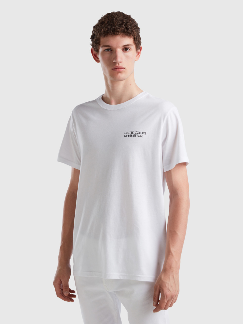 Benetton, T-shirt Blanc En Coton Bio À Imprimé Logo, Blanc, Homme