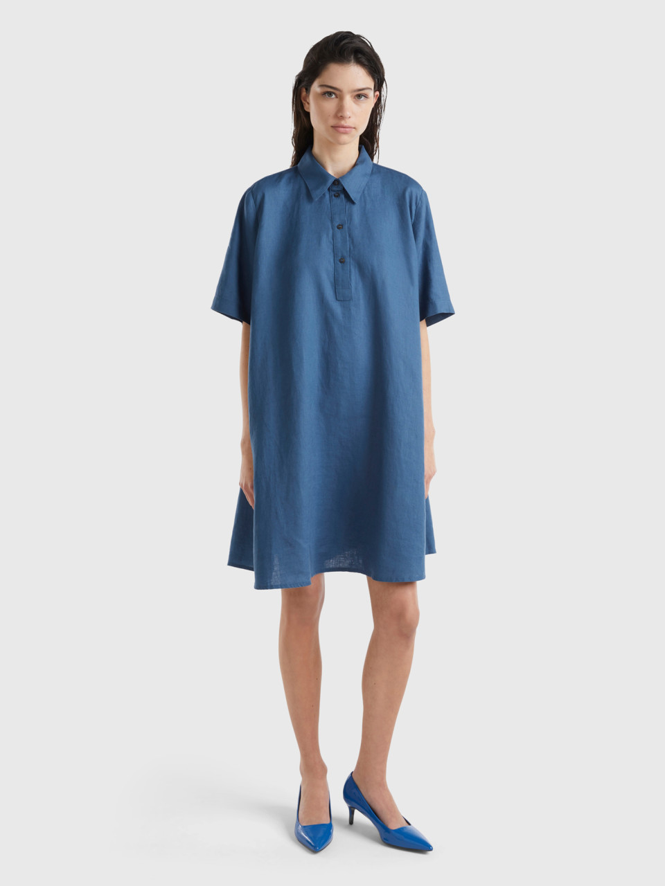 Benetton, Cropped Dress In Pure Linen, Air Force Blue, Women