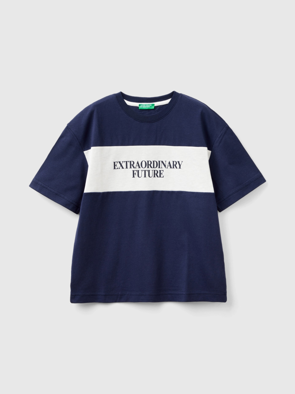 Benetton, T-shirt Com Slogan Em Algodão Orgânico, Azul-escuro, Crianças