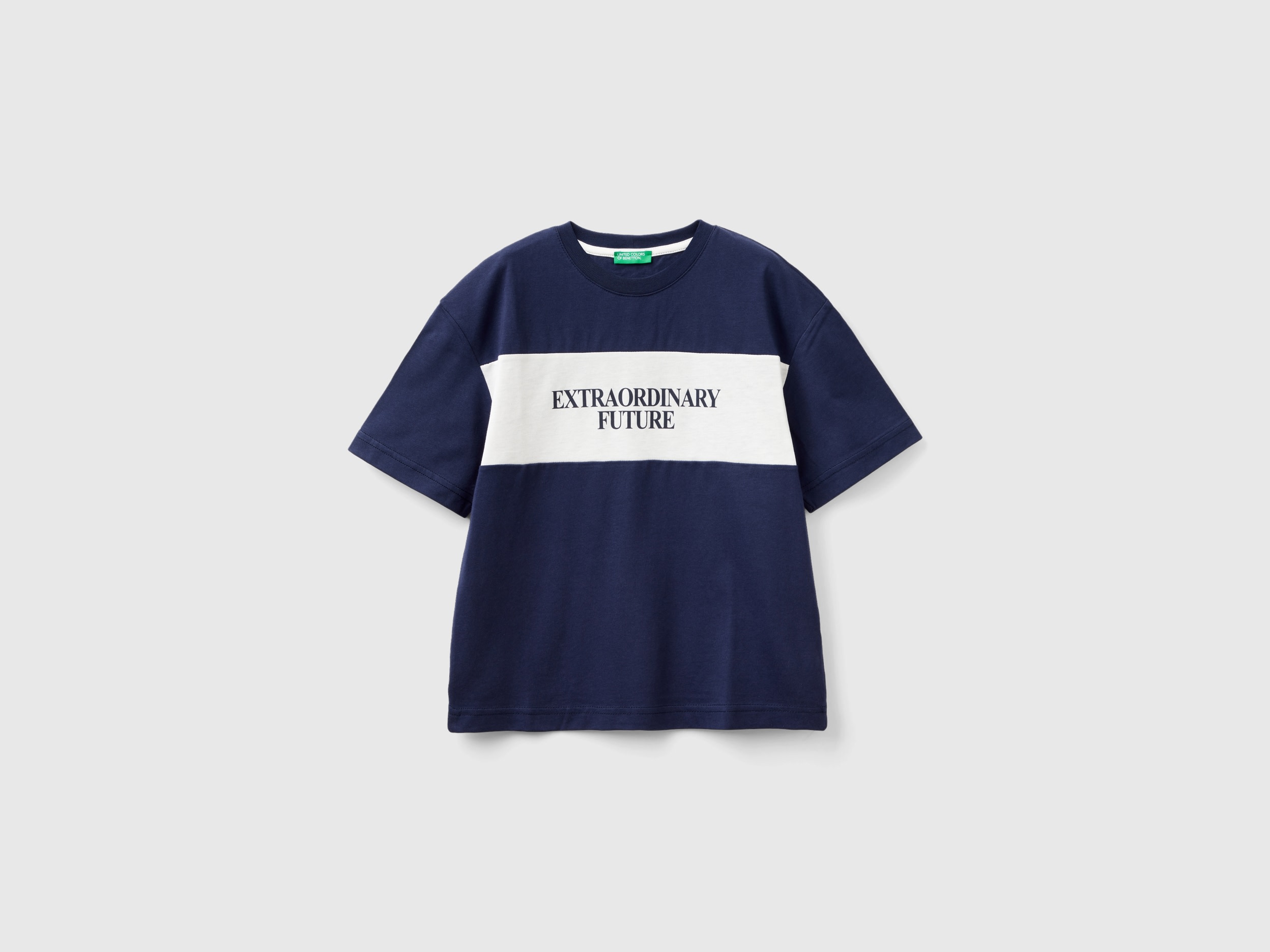 Image of Benetton, T-shirt With Slogan In Organic Cotton, size S, Dark Blue, Kids