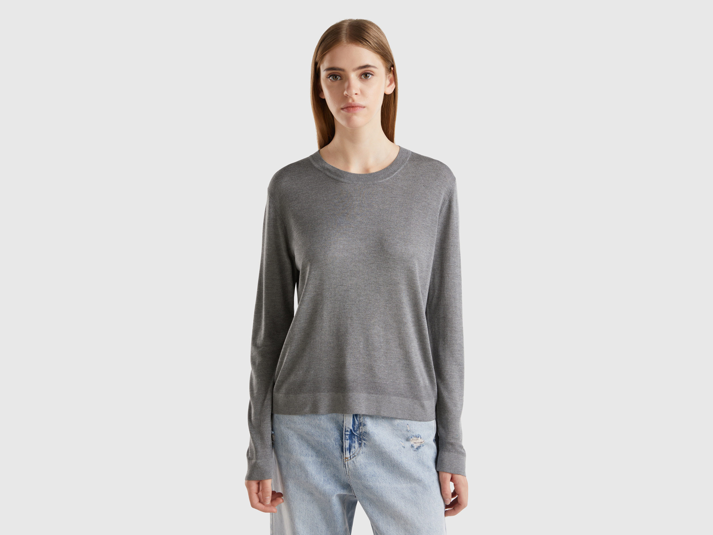 Benetton, Maglia Manica Lunga In Misto Seta, Grigio, Donna