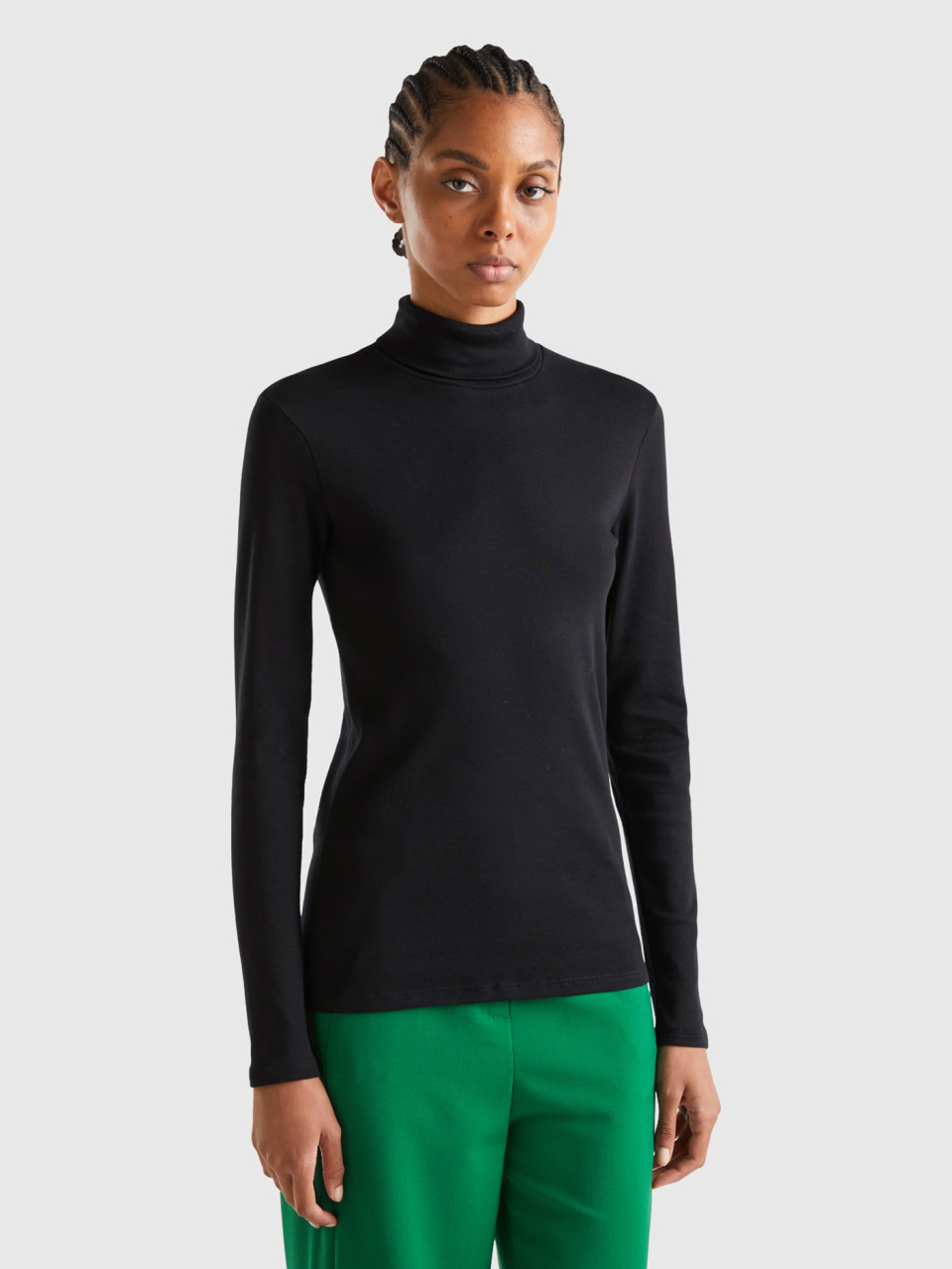 Benetton, Camiseta De Manga Larga Con Cuello Alto, Negro, Mujer
