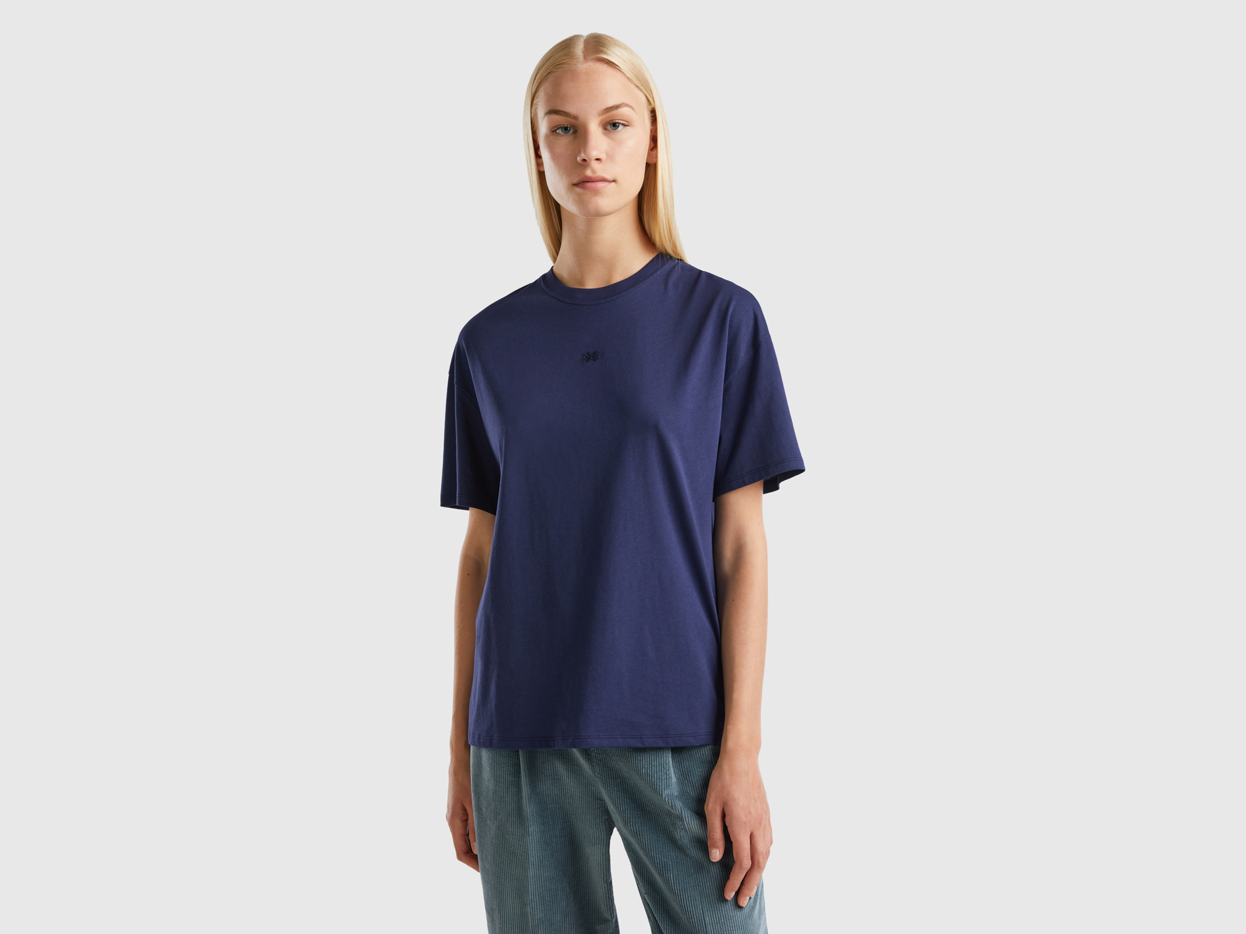Benetton, T-shirt With Embroidered Logo, size XS, Dark Blue, Women