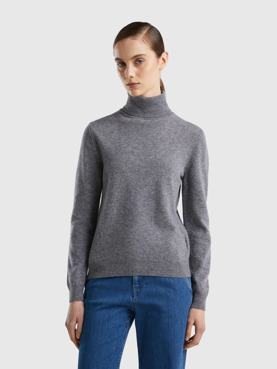 Benetton, Gray Turtleneck In Pure Merino Wool, Gray, Women