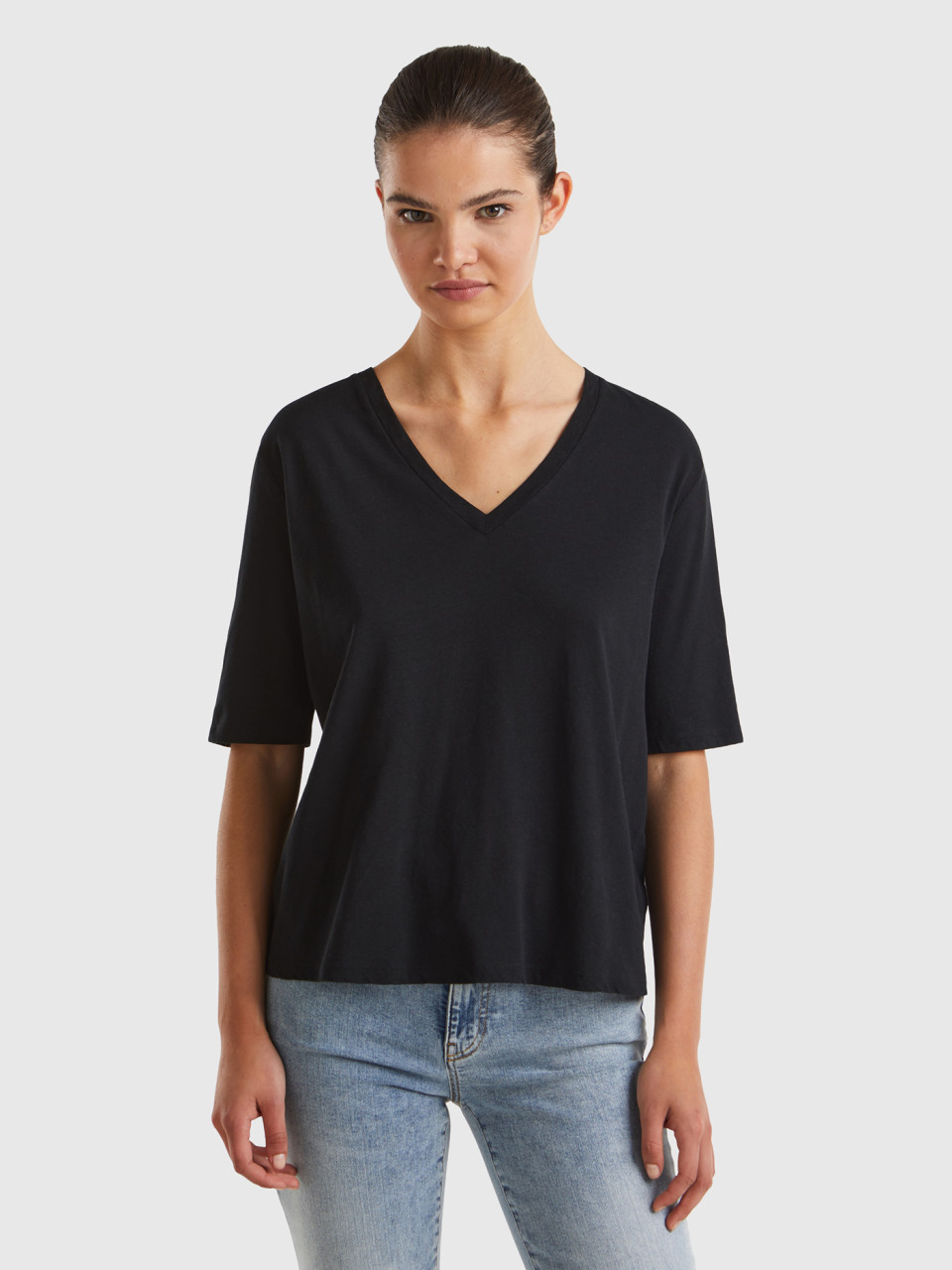 Benetton, T-shirt In Cotton And Linen Blend, Black, Women