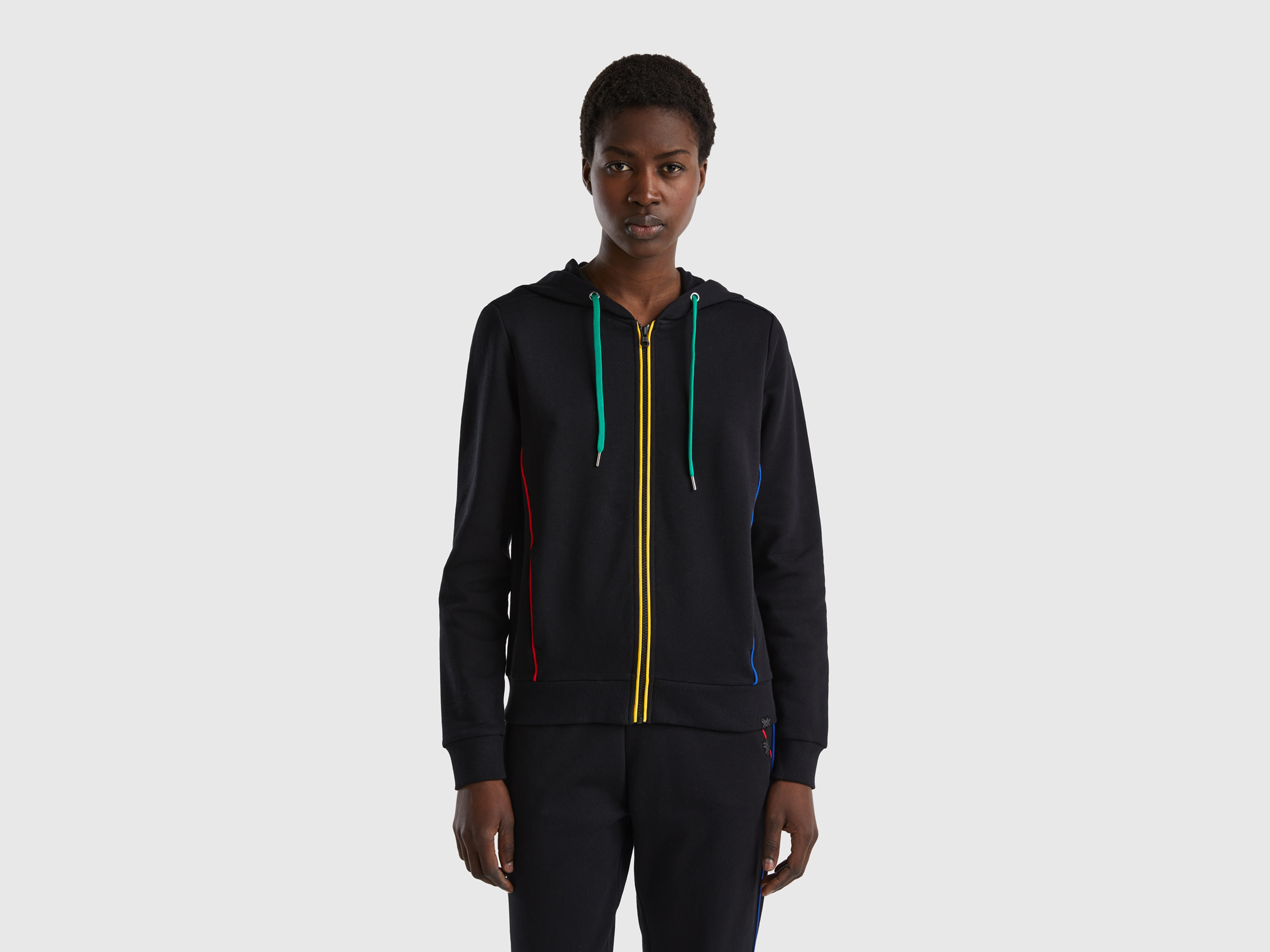 Benetton, 100% Cotton Sweatshirt With Zip And Hood, size XS, Black, Women