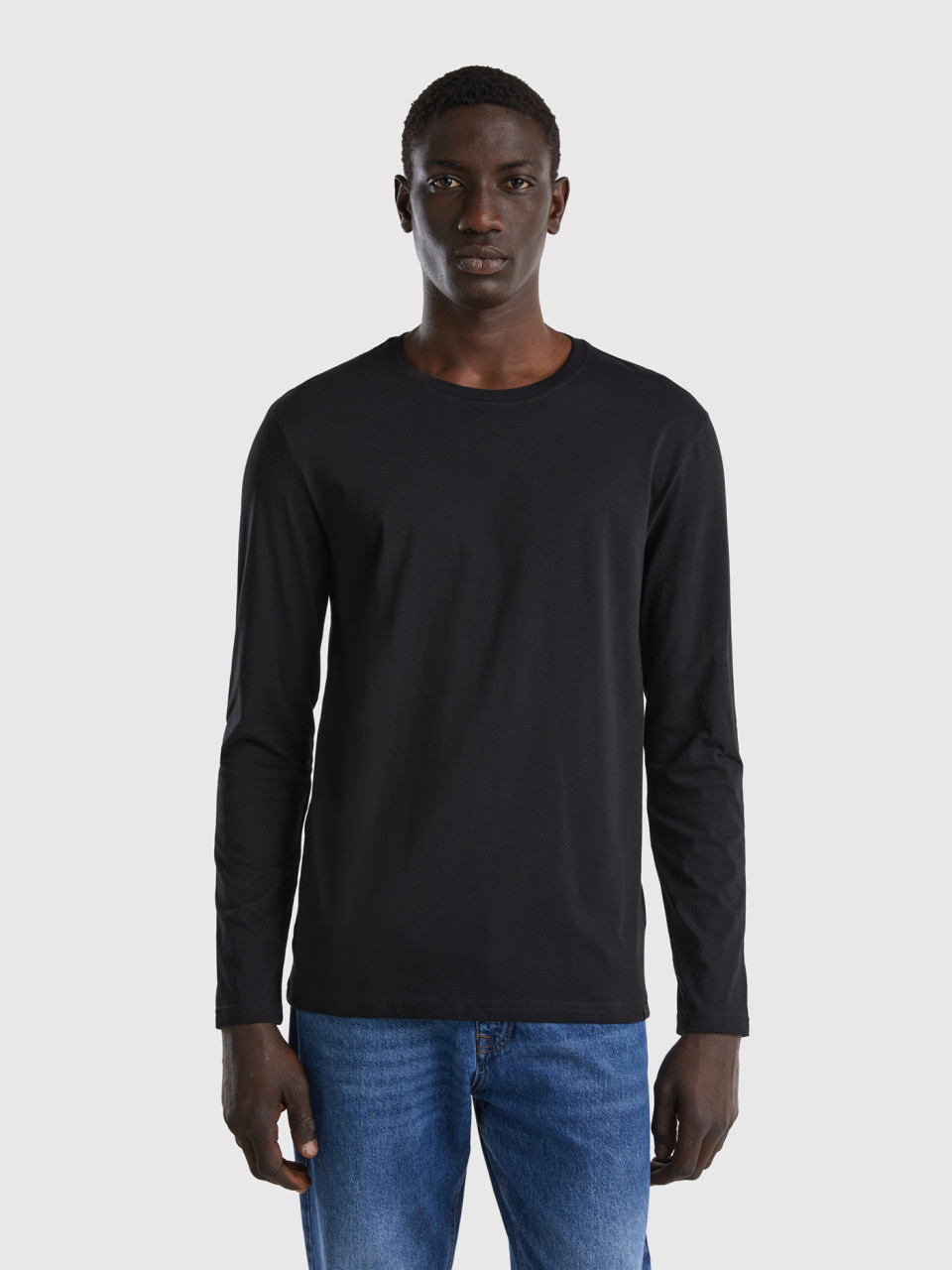Benetton, T-shirt À Manches Longues En Pur Coton, Noir, Homme