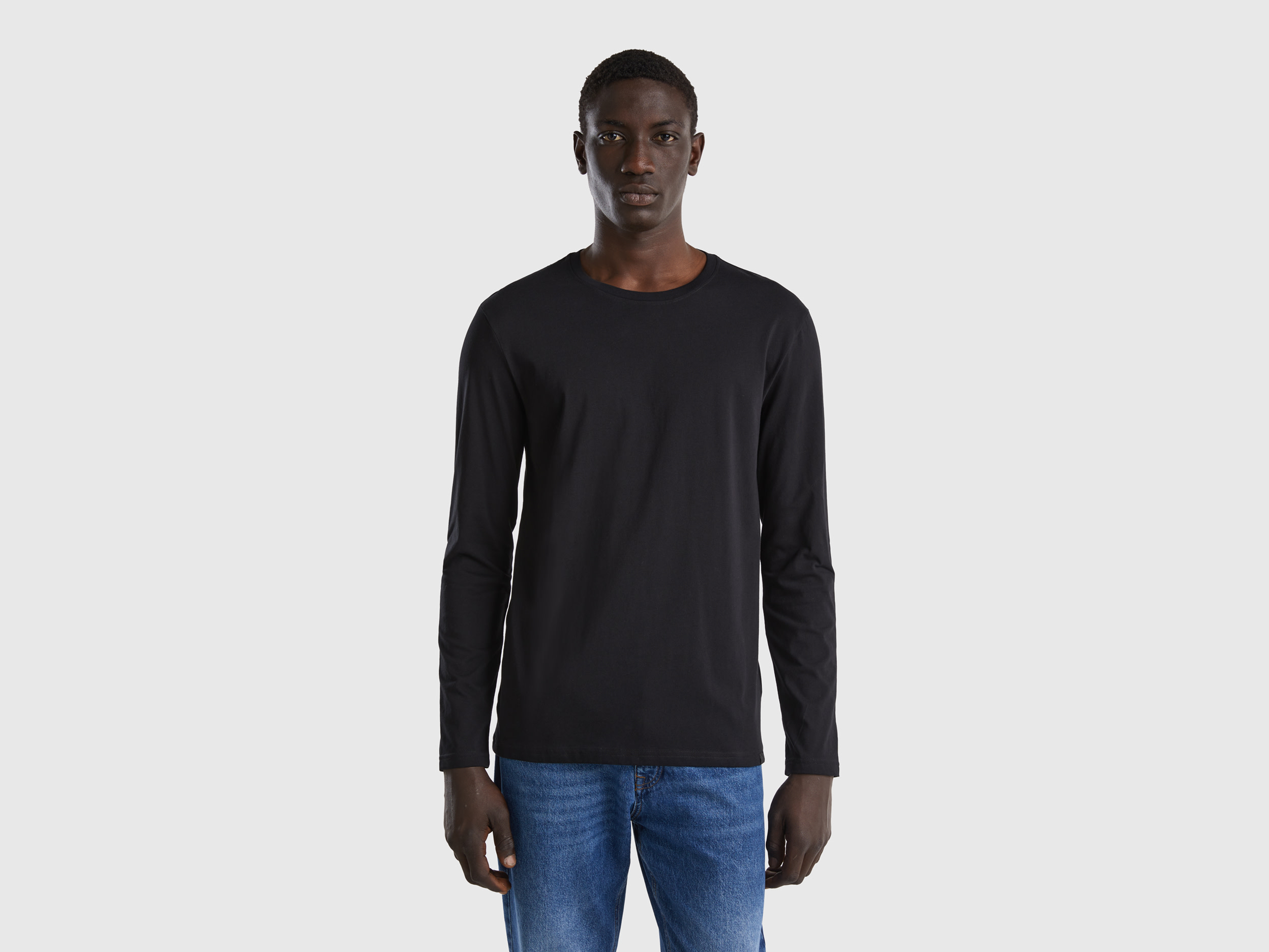 Benetton, Long Sleeve Pure Cotton T-shirt, size L, Black, Men