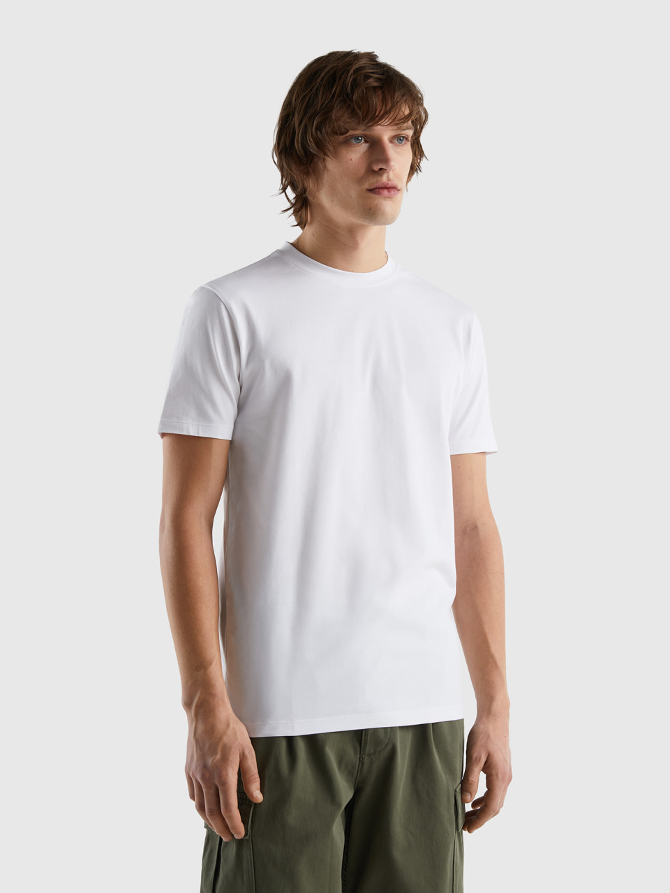 Benetton, T-shirt Ajusté En Coton Stretch, Blanc, Homme