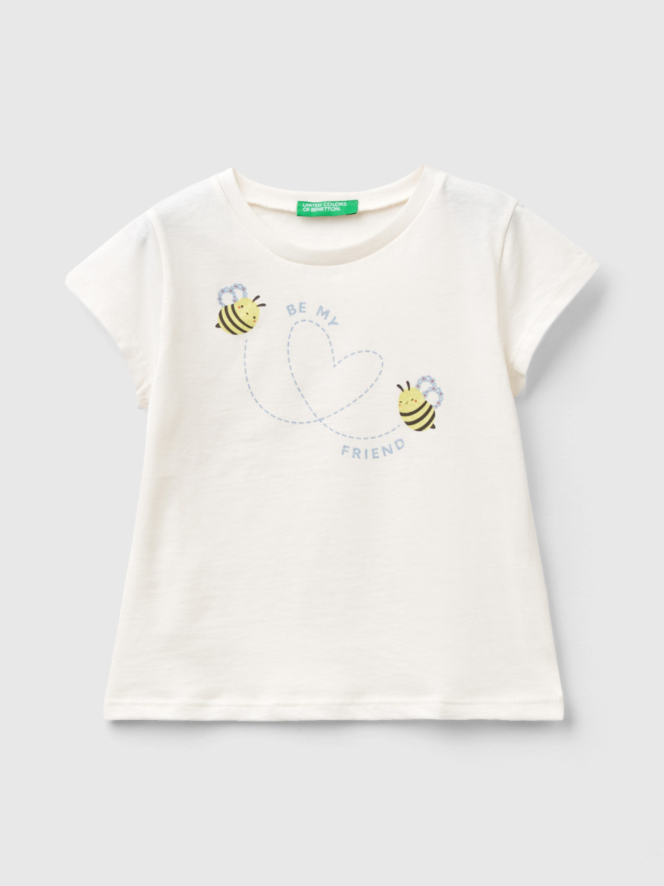 Benetton, Camiseta De Algodón Orgánico Con Glitter, Blanco, Niños