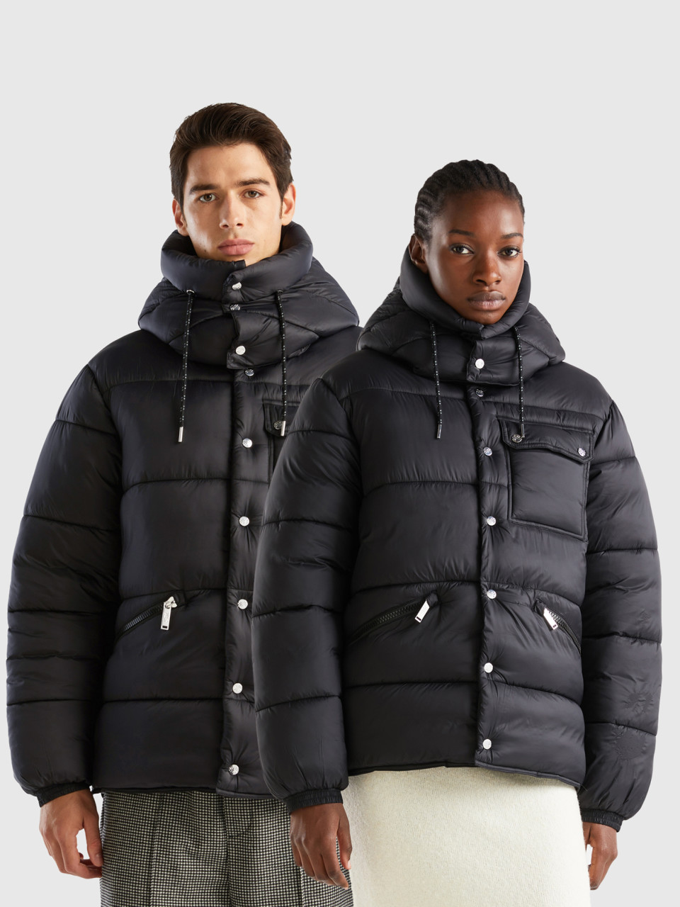 Benetton, Heavy Padded Jacket With Detachable Hood, Black, Women