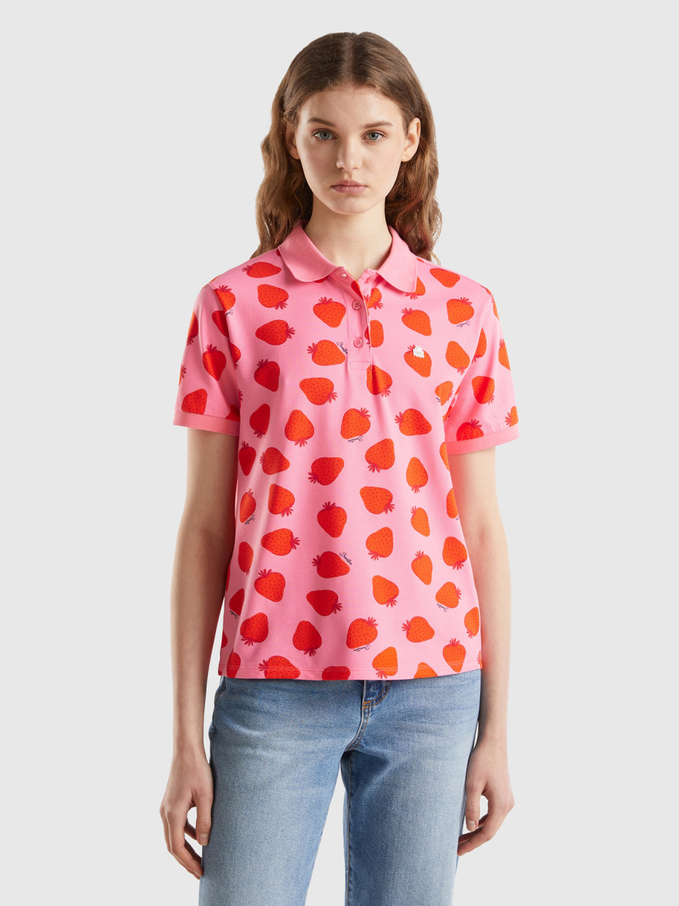 Benetton, Pink Polo With Strawberry Pattern, Pink, Women
