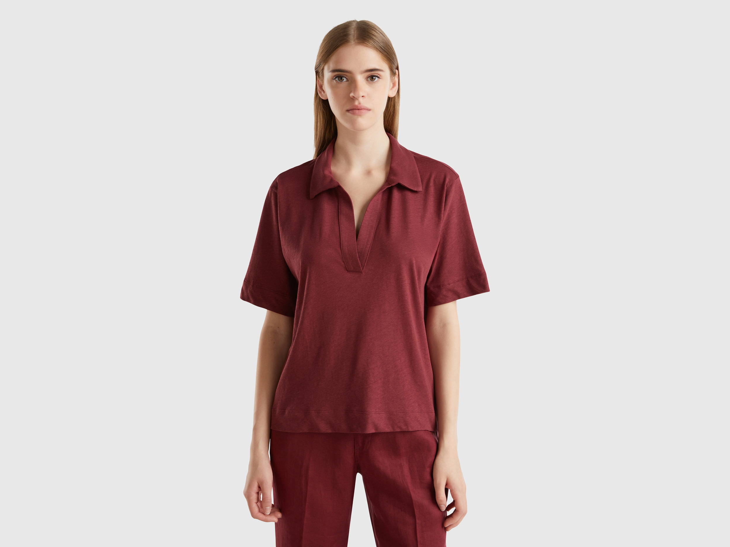 Benetton, Polo In Misto Cotone E Lino, Bordeaux, Donna