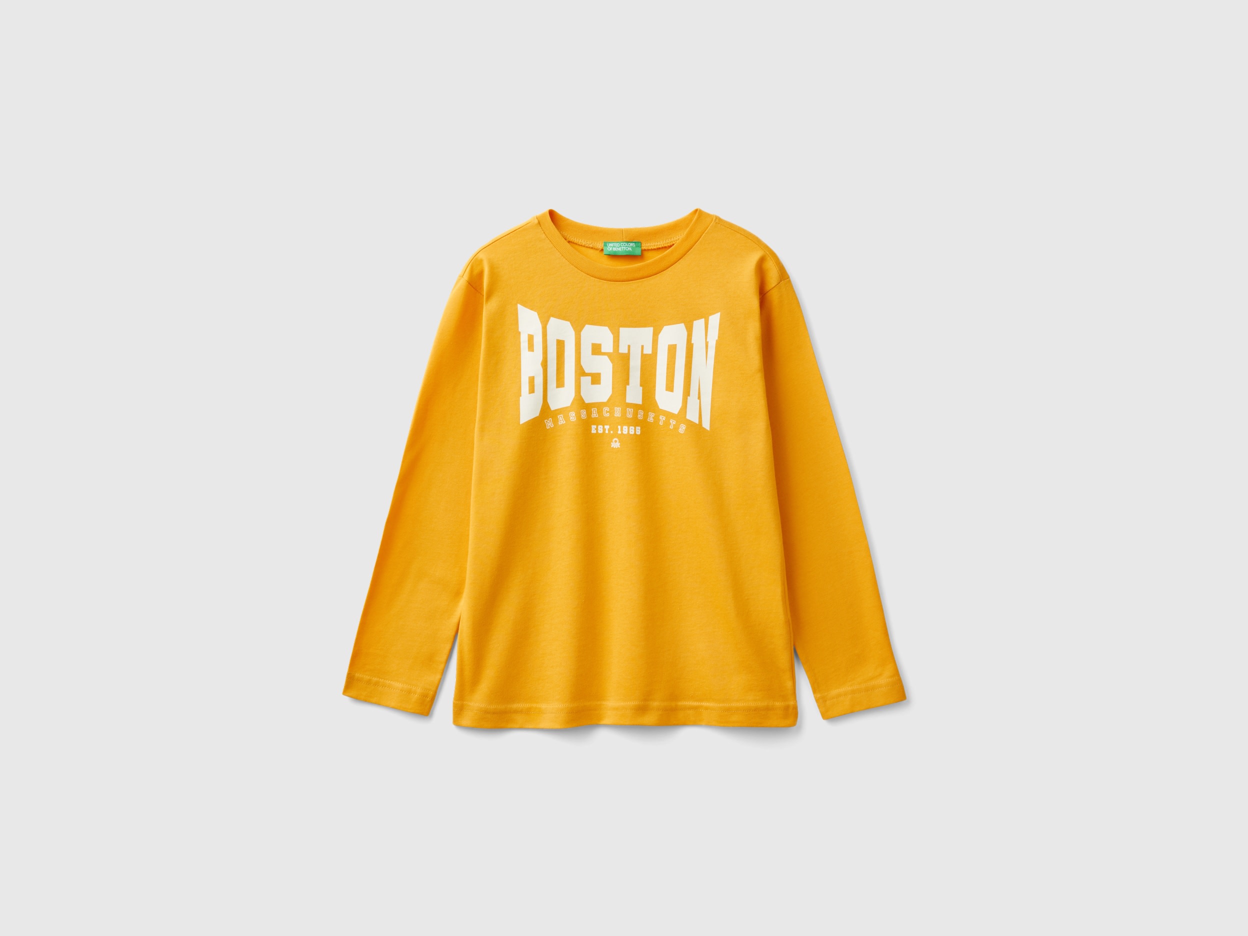 Benetton, T-shirt Manica Lunga Stile College, Senape, Bambini