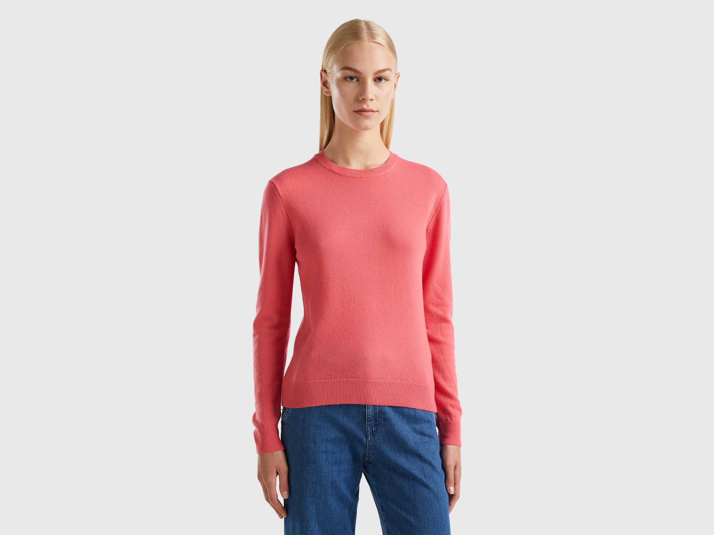 Benetton, Strawberry Red Crew Neck Sweater In Merino Wool, size XL, Strawberry, Women