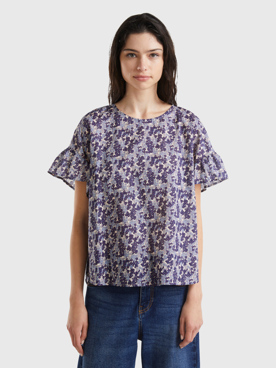 Benetton, Patterned Blouse In Light Cotton, Lilac, Women