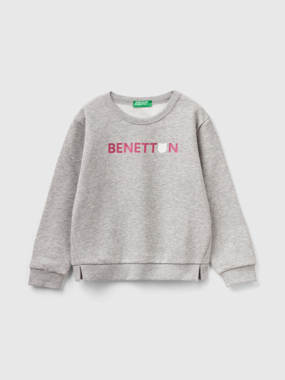Benetton, Pullover Sweatshirt With Glittery Print, Light Gray, Kids