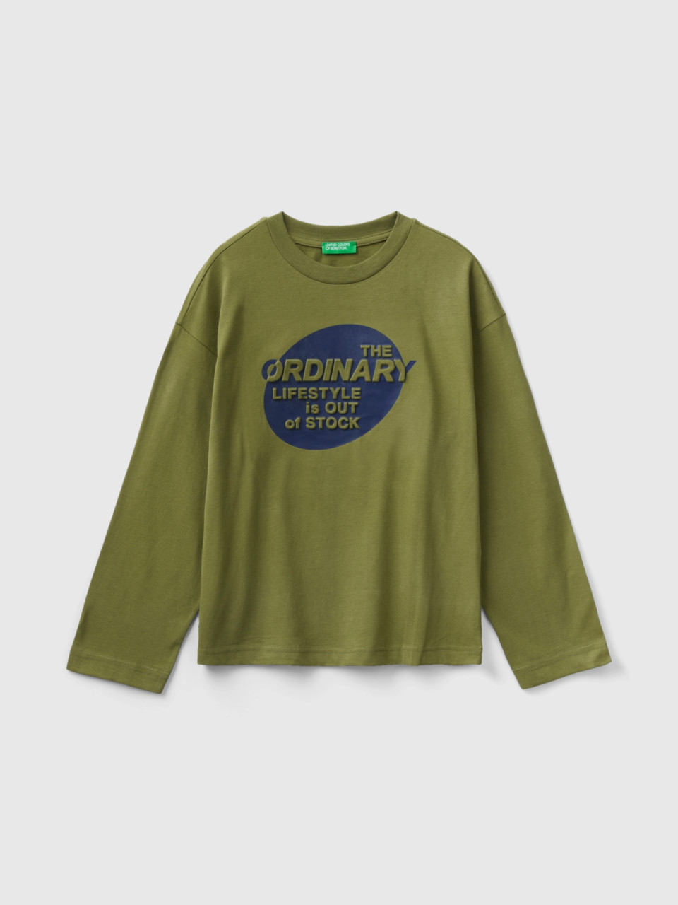 Benetton, T-shirt In Warm Cotton With Print, Military Green, Kids