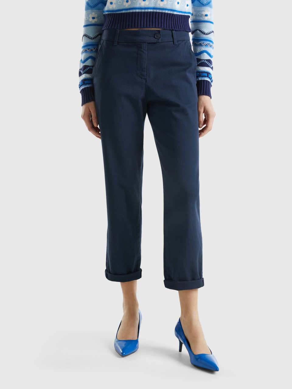 Benetton, Pantalones Chinos De Algodón Elástico, Azul Oscuro, Mujer