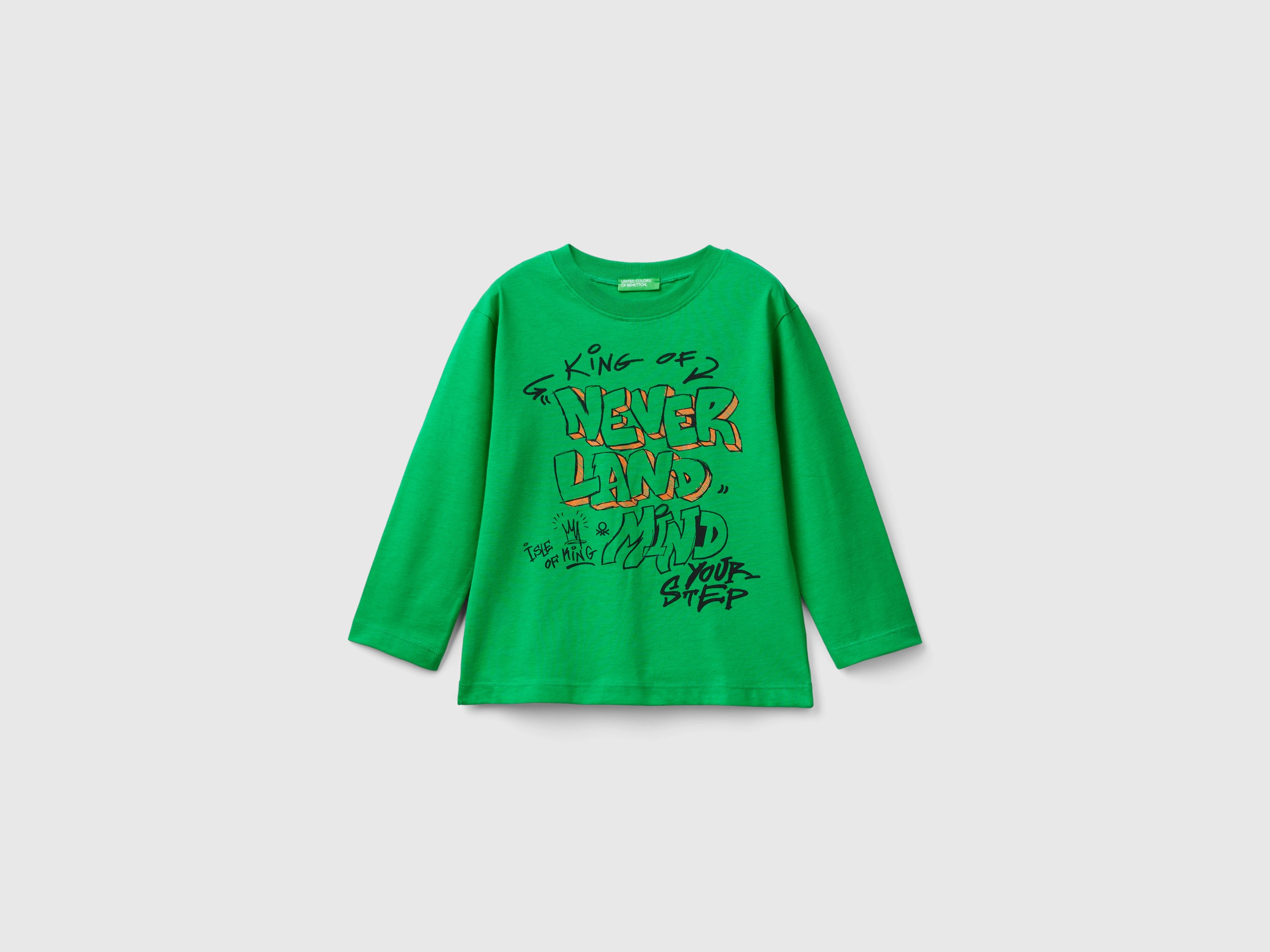 Benetton, T-shirt Con Stampa In Cotone Bio, Verde, Bambini