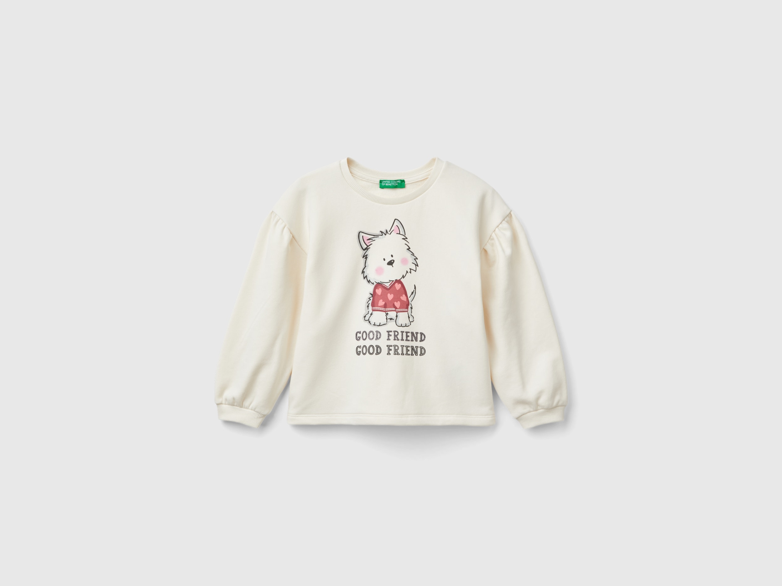 Benetton, Felpa Con Stampa Glitter, Bianco Panna, Bambini