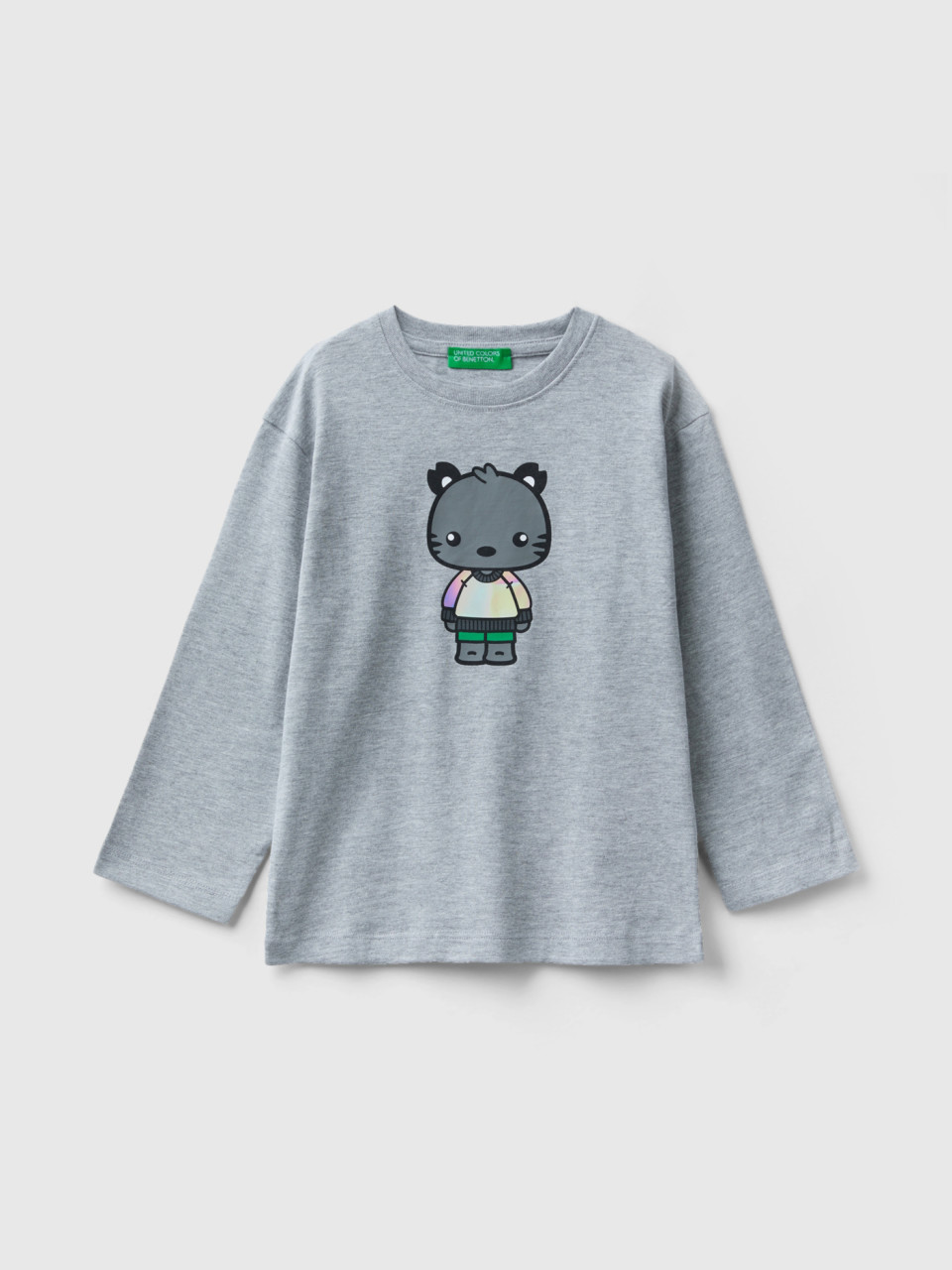 Benetton, Long Fiber Cotton T-shirt With Print, Gray, Kids