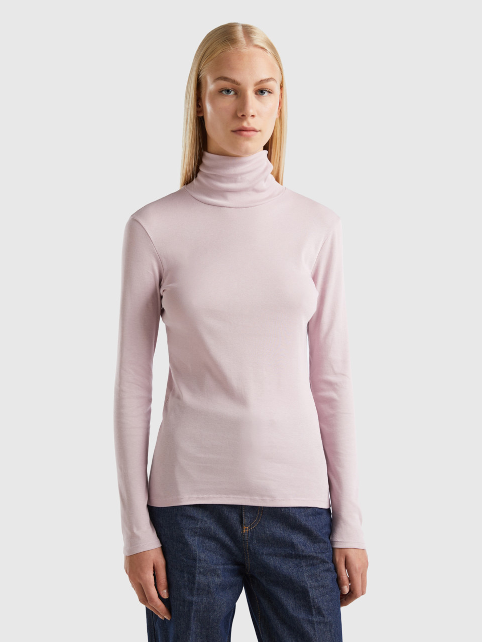 Benetton, Long Sleeve T-shirt With High Neck, Soft Pink, Women