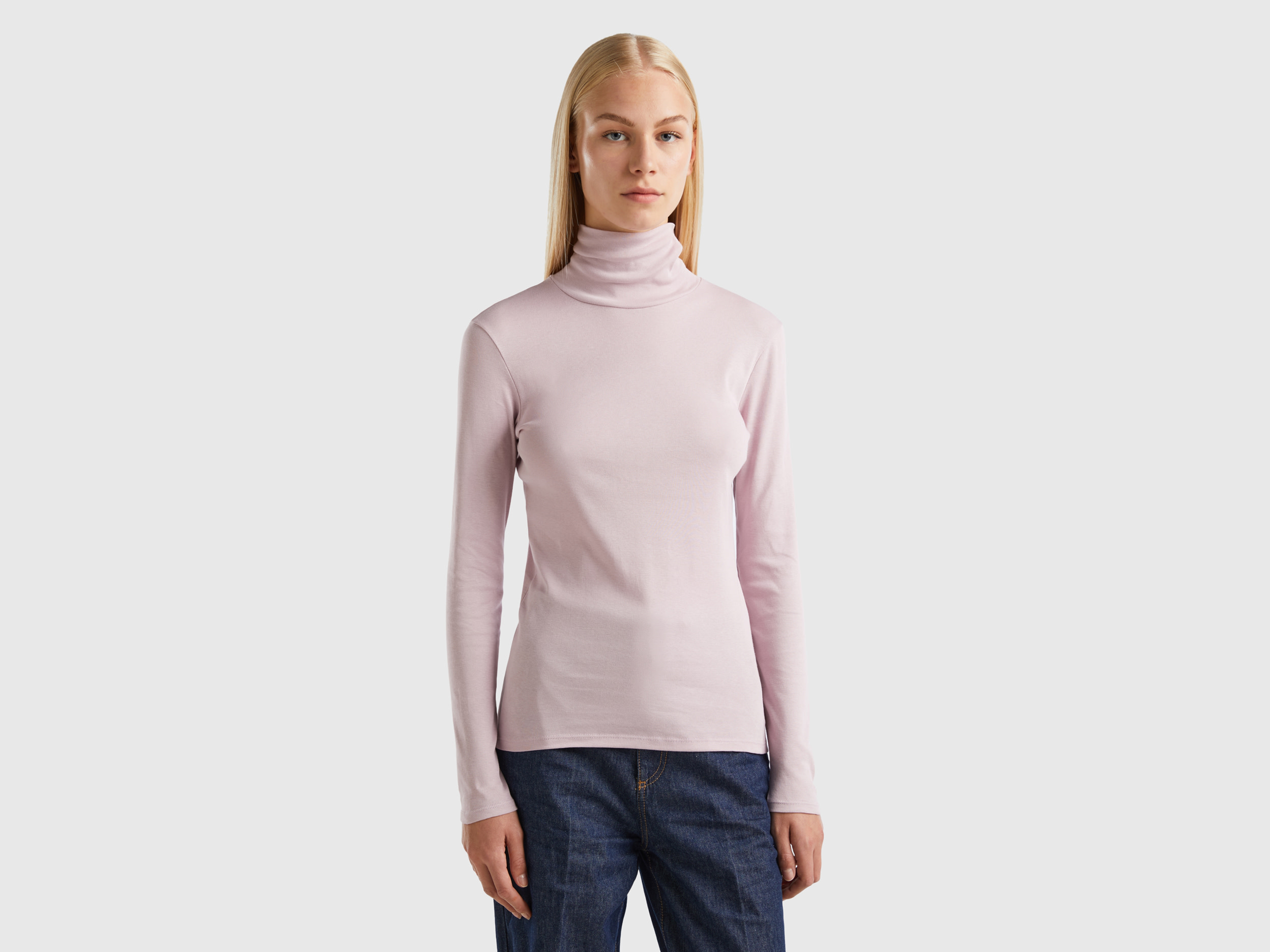 Benetton, Long Sleeve T-shirt With High Neck, size XS, Soft Pink, Women