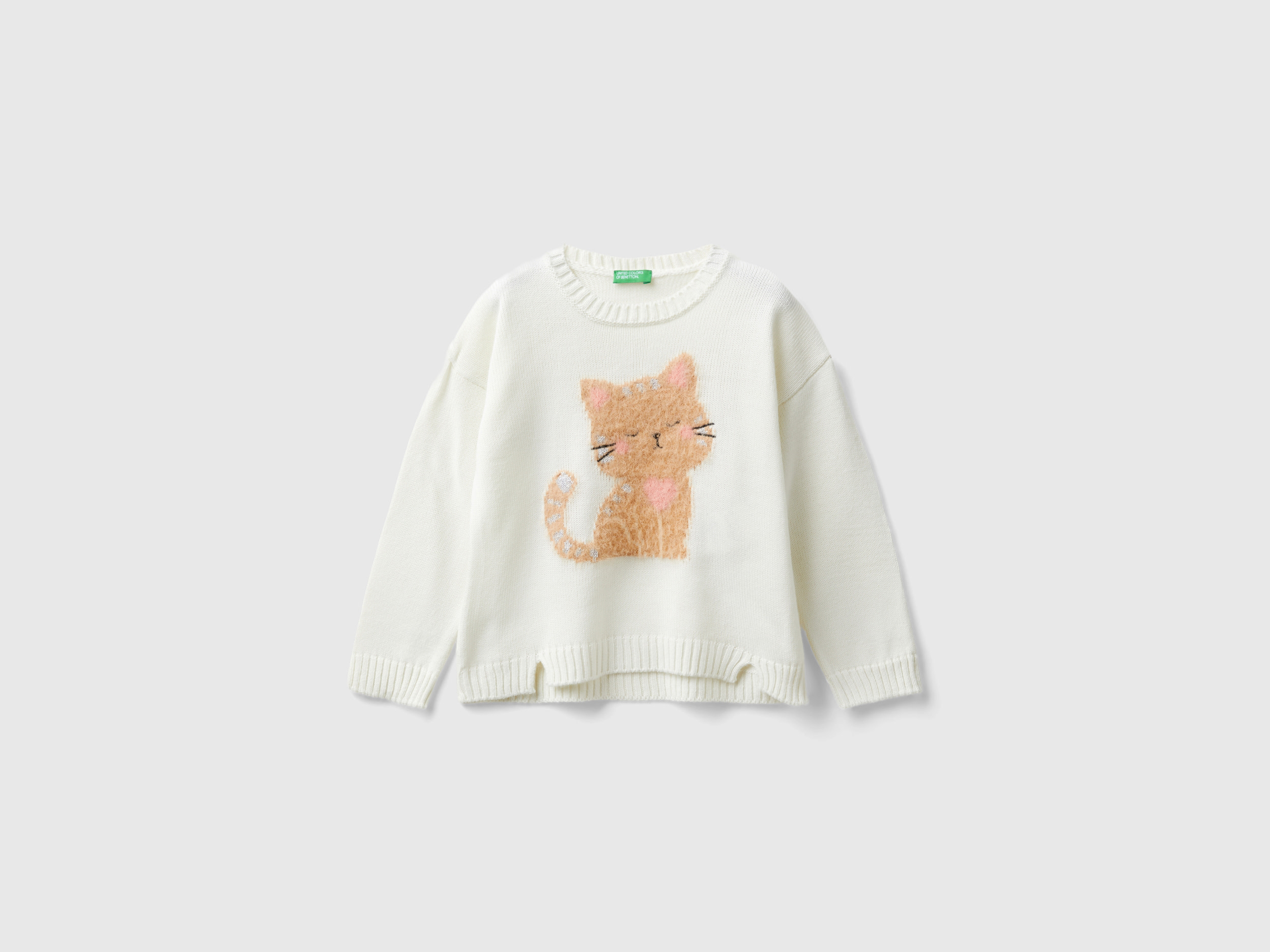 Benetton, Maglioncino Con Intarsio Gatto, Bianco Panna, Bambini