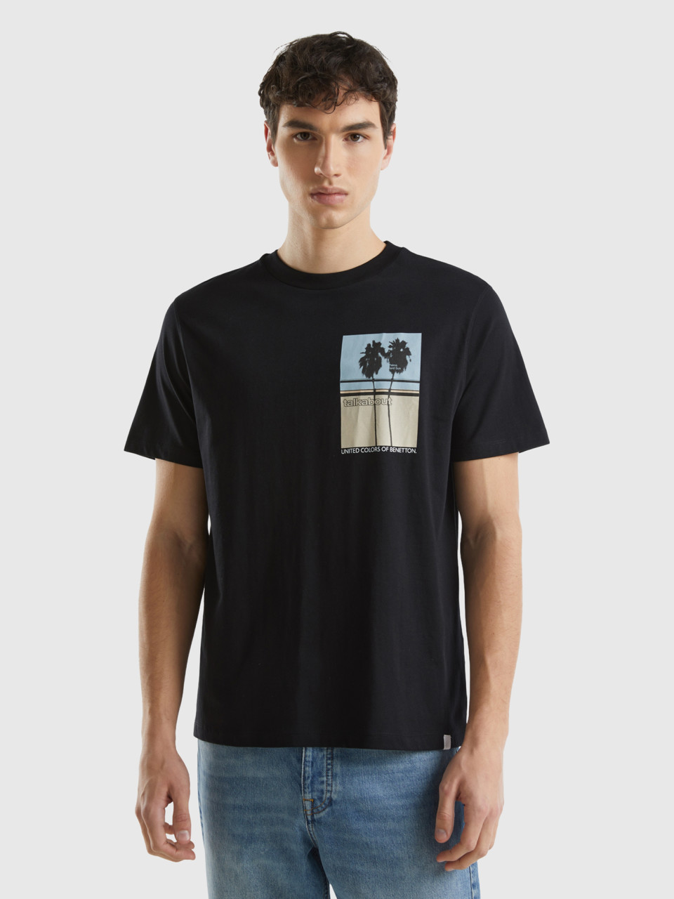 Benetton, Camiseta De Algodón Orgánico Con Estampado, Negro, Hombre