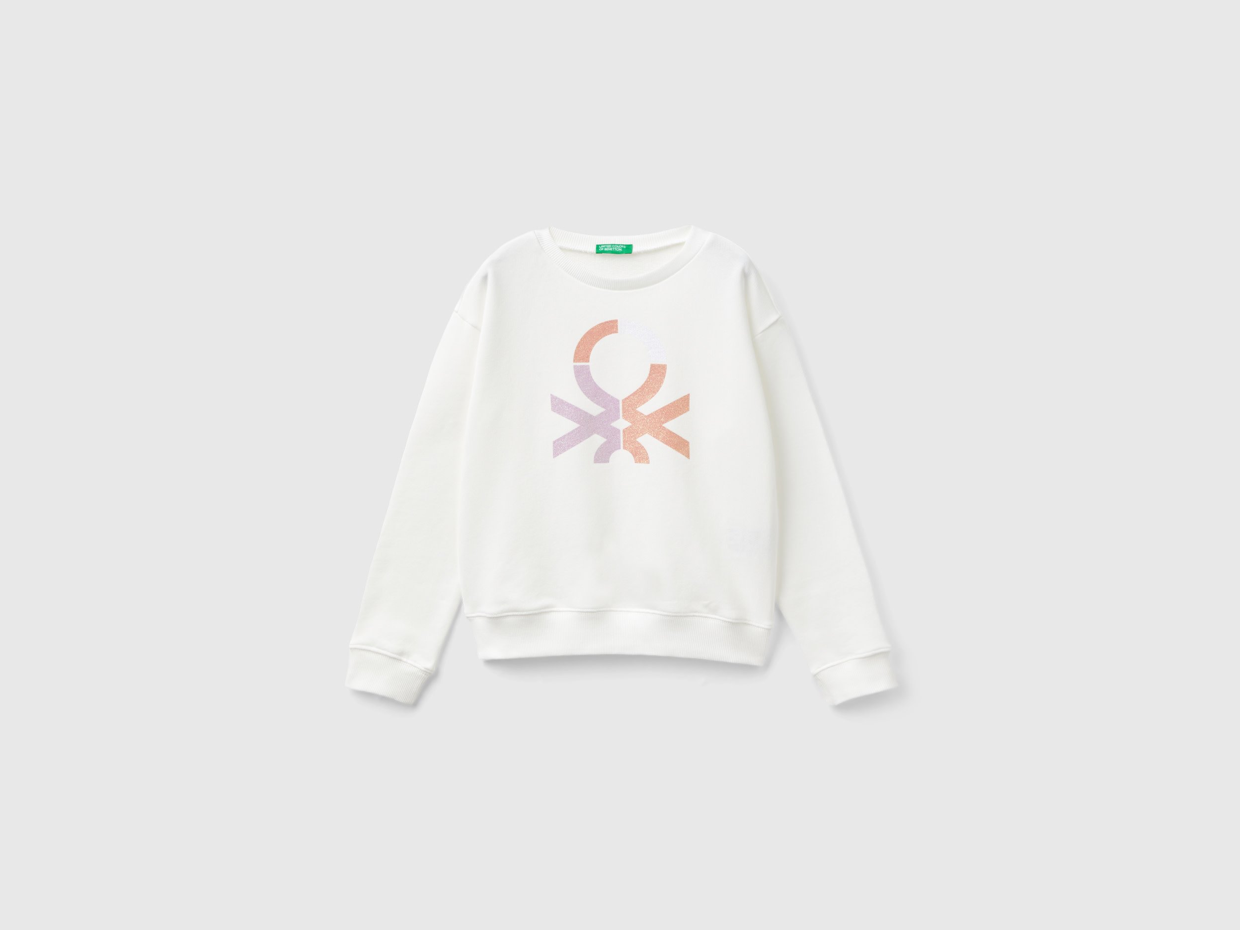 Benetton, Felpa 100% Cotone Con Logo Glitter, Bianco Panna, Bambini