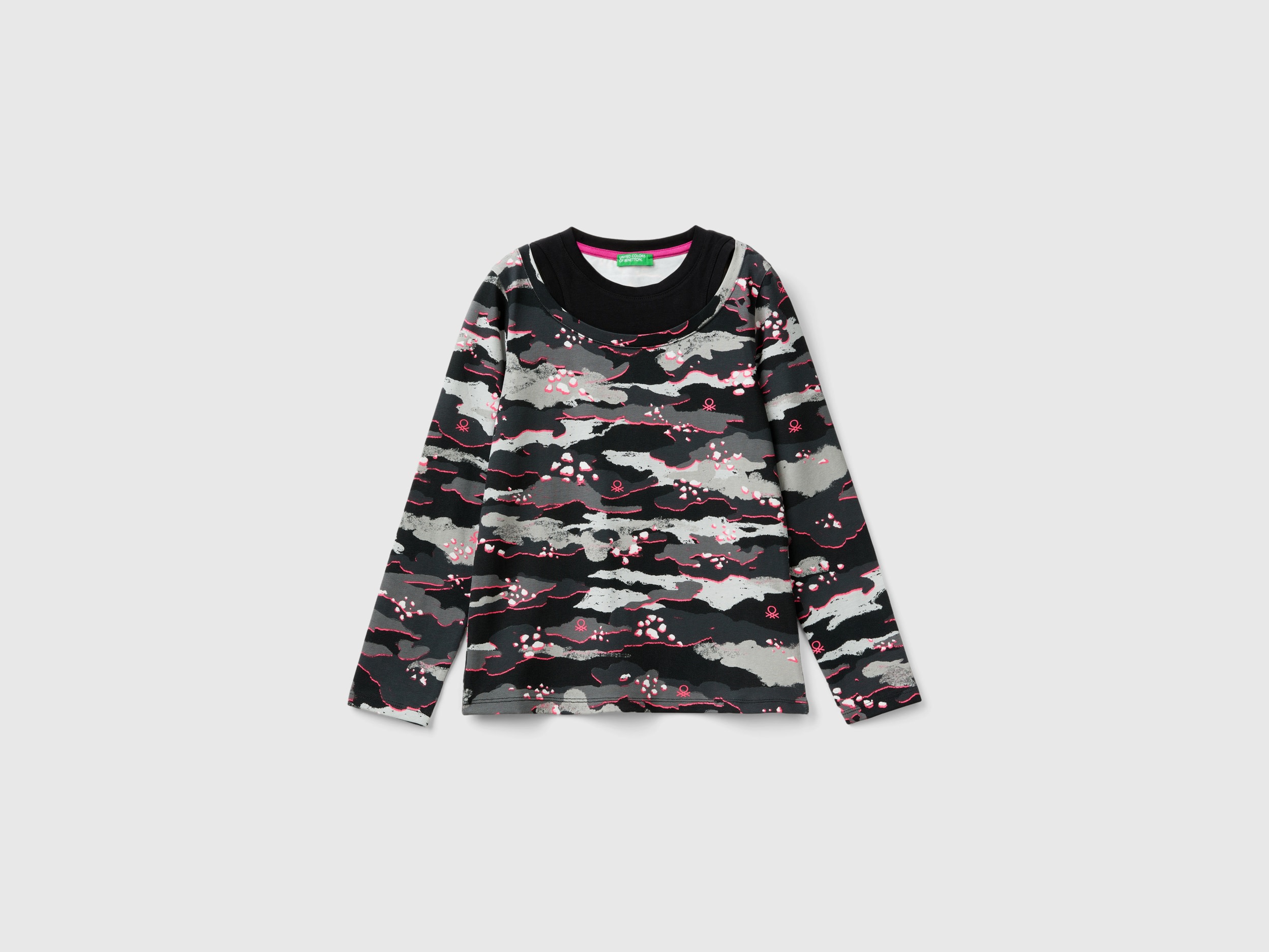 Benetton, T-shirt Camouflage Con Dettagli Fluo, Multicolore, Bambini