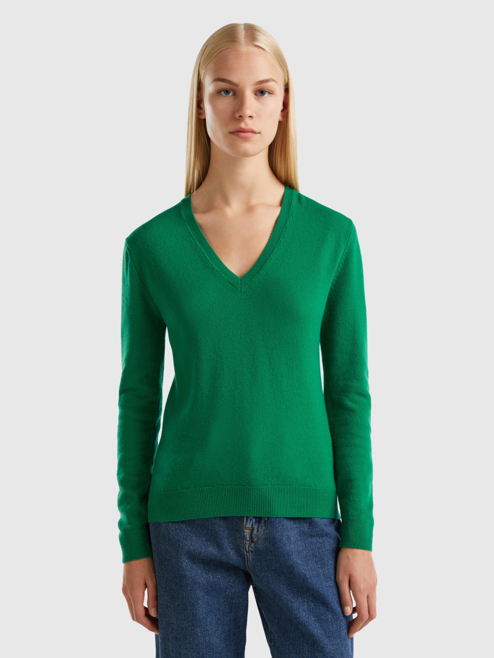 Benetton, Forest Green V-neck Sweater In Pure Merino Wool, Green, Women