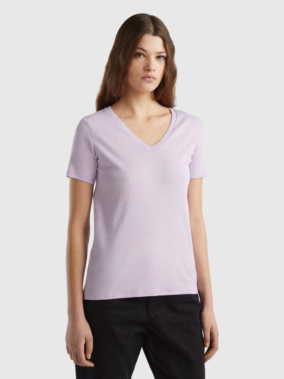Benetton, Pure Cotton T-shirt With V-neck, Lilac, Women